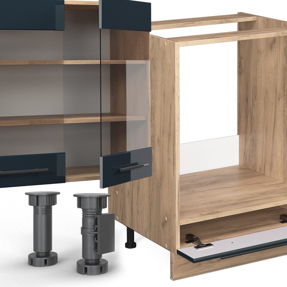 Vicco Küchenzeile Fame-Line, Dunkelblau Hochglanz/Goldkraft Eiche, 355 cm ohne Arbeit...