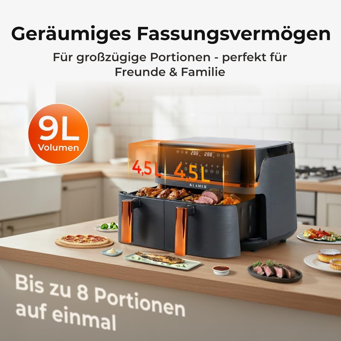 KLAMER Heißluftfritteuse Heißluftfritteuse Duo 9 L – Doppelkammer Airfryer mit 2 Körben, 3000 W, Zwei separate Fächer, Smart-Funktionen, Mehrere Programme & Steuerung