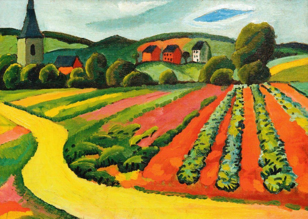 Postkarte Kunstkarte August Macke "Landschaft mit Kirche und Weg"