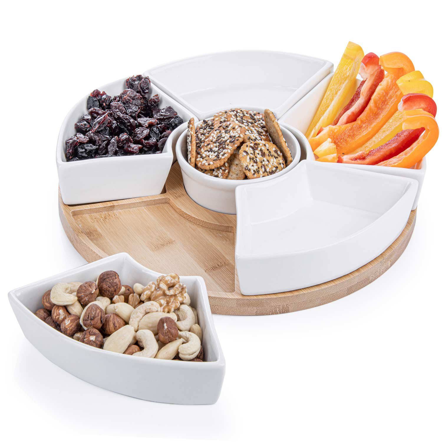 Dimono Servierplatte Bambus Servierplatte – Snacktablett mit 6 Schälchen für Tapas & Party, Porzellan, (Servierbrett, mit 6 Schalen)