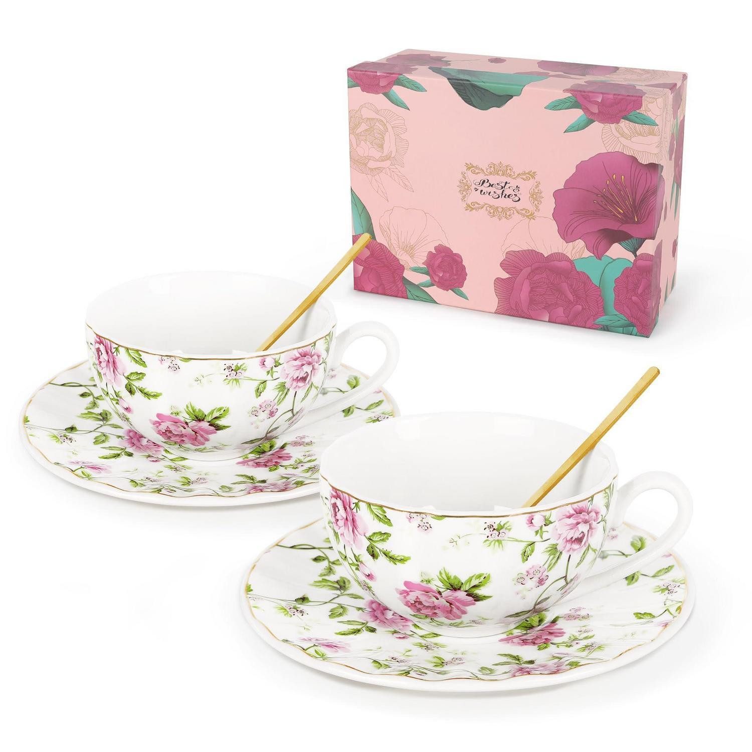 LuxusKollektion Teeservice Kaffeetasse & Untertasse Set 2tlg. 200ml Rosa Blume, Keramik