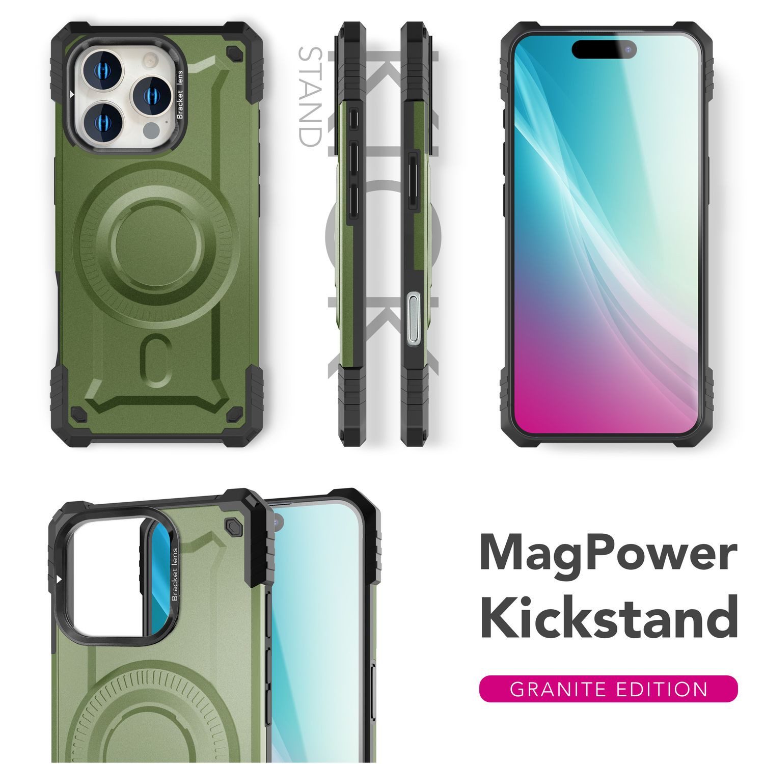 Nalia Smartphone-Hülle Apple iPhone 16 Pro 16 cm (6,3 Zoll), Granite / Militär Panzerhülle / MagSafe / Kamera Stand / Extrem Schutz