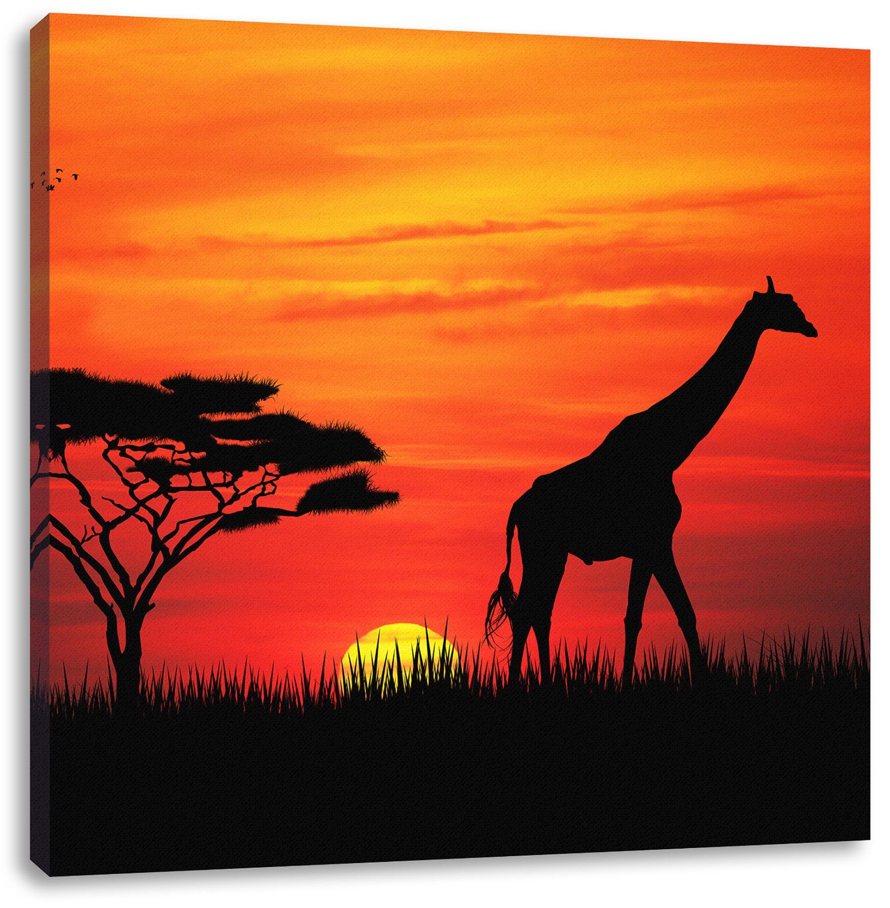 Pixxprint Leinwandbild Giraffe im bespannt, St), im Leinwandbild Sonnenuntergang, Giraffe Zackenaufhänger fertig (1 Sonnenuntergang inkl