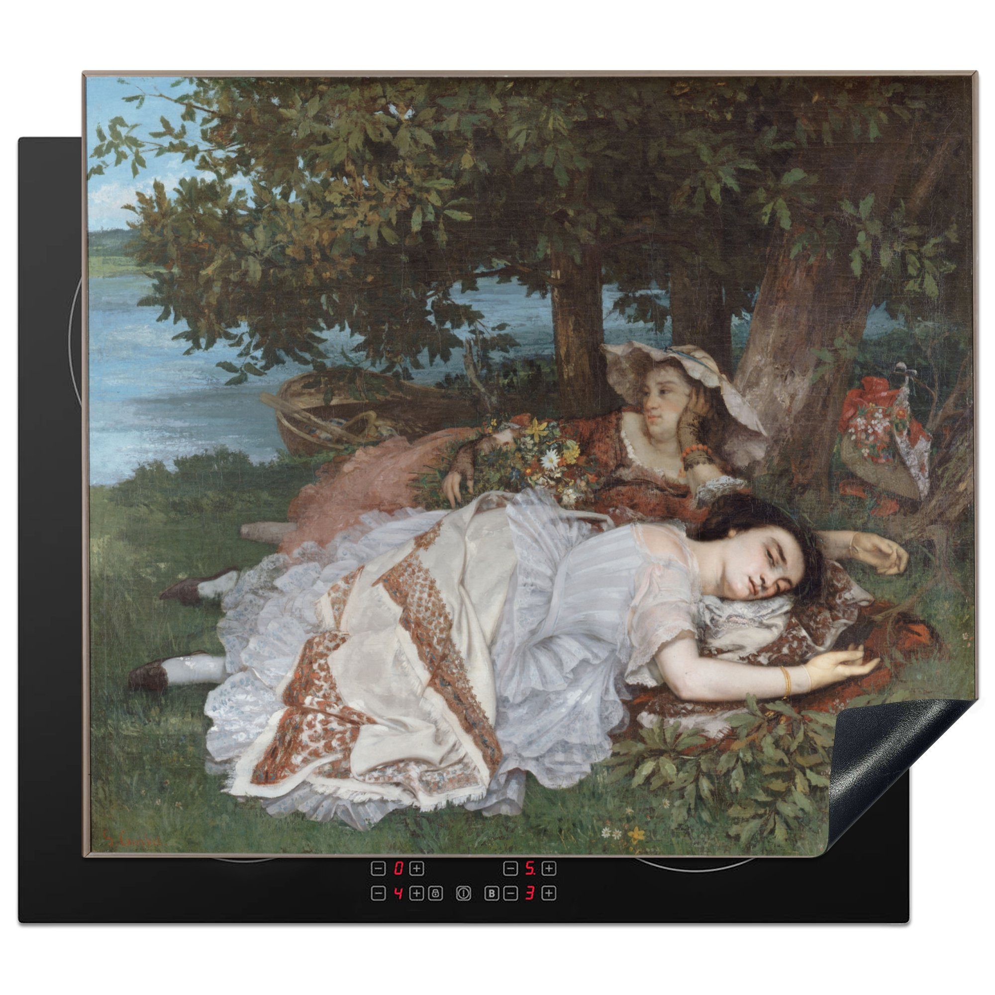 MuchoWow Herdblende-/Abdeckplatte Junge Damen am Ufer der Seine - Gemälde von Gustave Courbet, Vinyl, (1 tlg), 60x52 cm, Mobile Arbeitsfläche nutzbar, Ceranfeldabdeckung