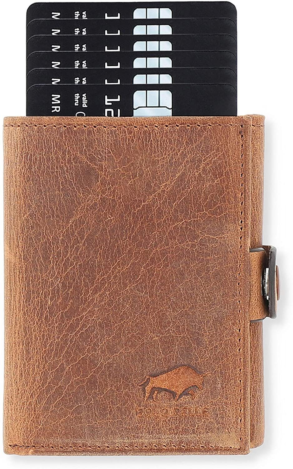 Solo Pelle Mini Geldbörse Slim Wallet mit Münzfach [12 Karten] Slimwallet Riva [RFID-Schutz], echt Leder, Made in Europe in elegantem Design mit RFID Schutz Vintage Braun