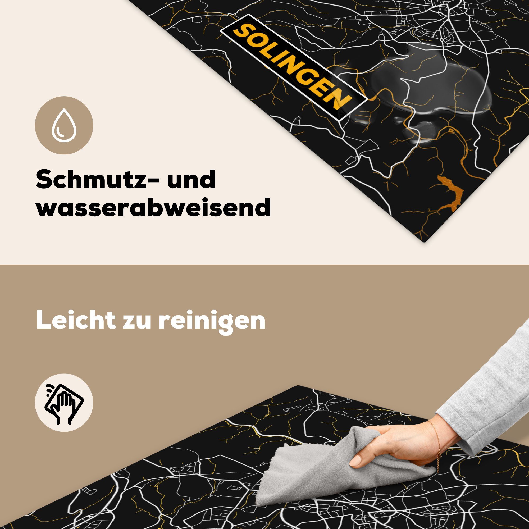 Herdblende-/Abdeckplatte tlg), Karte, - - Arbeitsplatte (1 cm, - Ceranfeldabdeckung, für Vinyl, MuchoWow Gold küche 78x78 Stadtplan Deutschland - Solingen