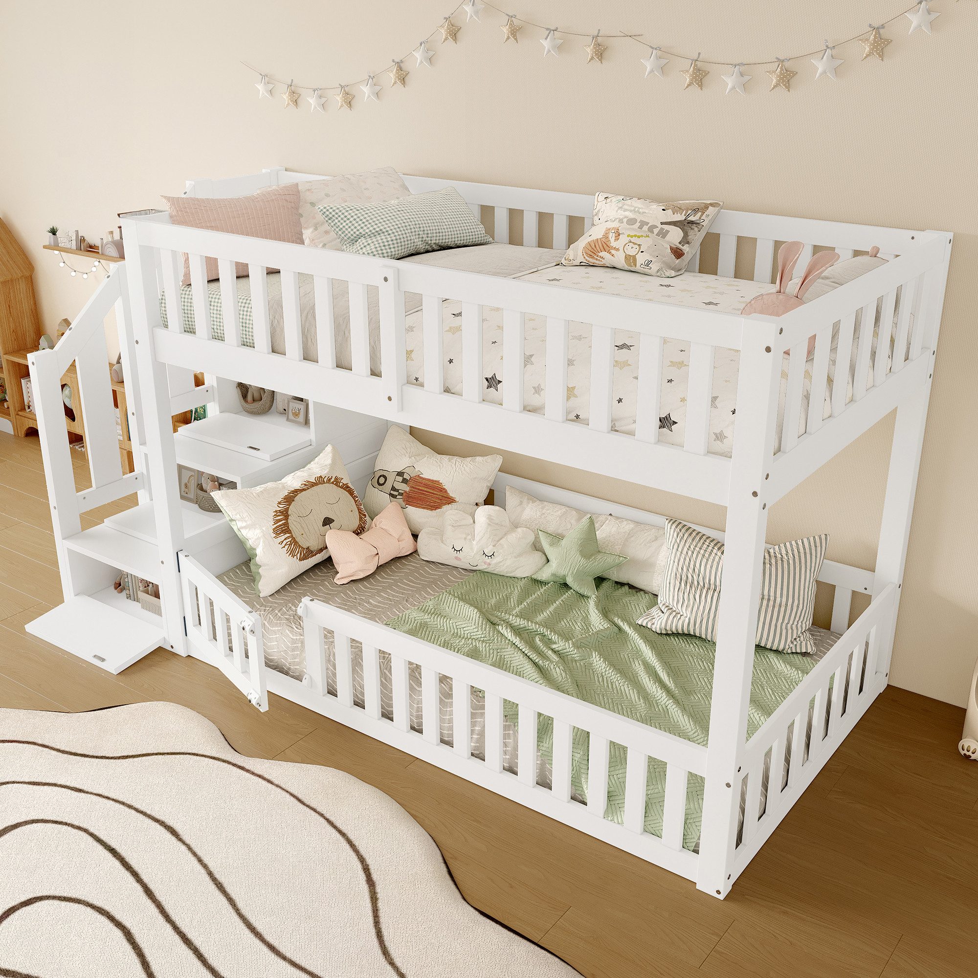 MODFU Etagenbett für Schlafzimmer, Kinderzimmer & Gästezimmer (mit Leiter, Kinder- & Jugendbett mit Geländer und Tür, Massivholz, Weiß, 1-St., 90x200cm), mit Stauraum