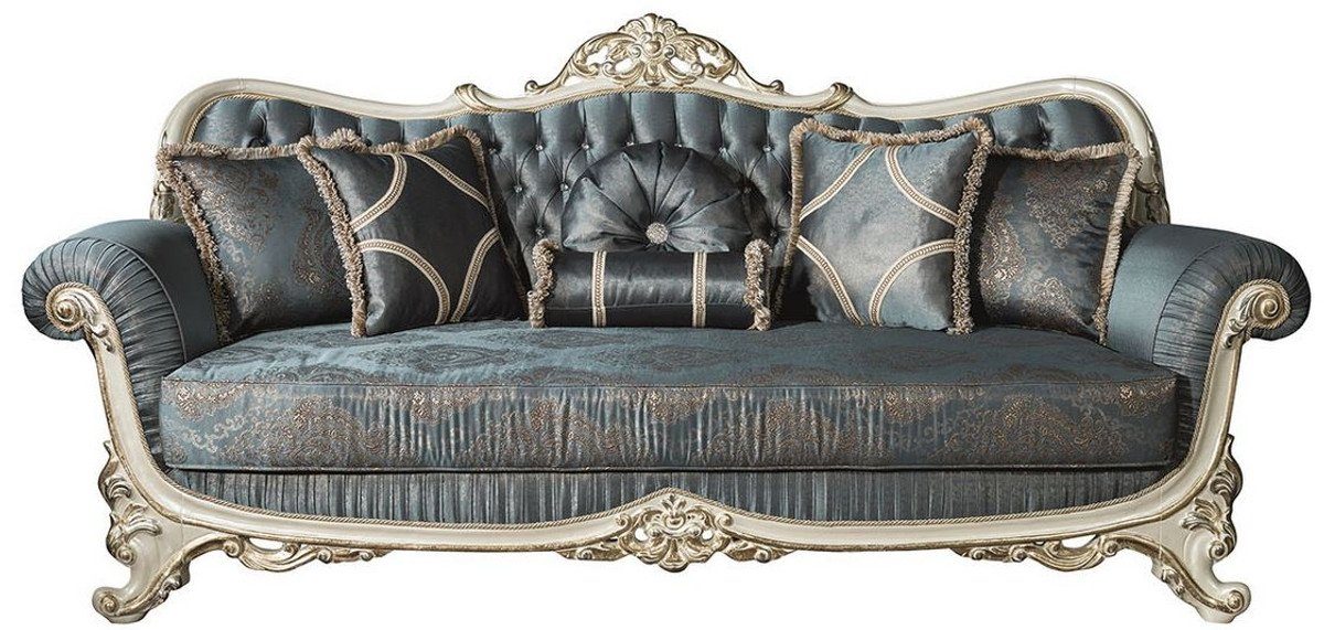 Casa Padrino Sofa Luxus Barock Wohnzimmer Sofa mit Glitzersteinen und dekorativen Kissen Blau / Creme / Gold 240 x 95 x H. 105 cm - Edle Couch im Barockstil
