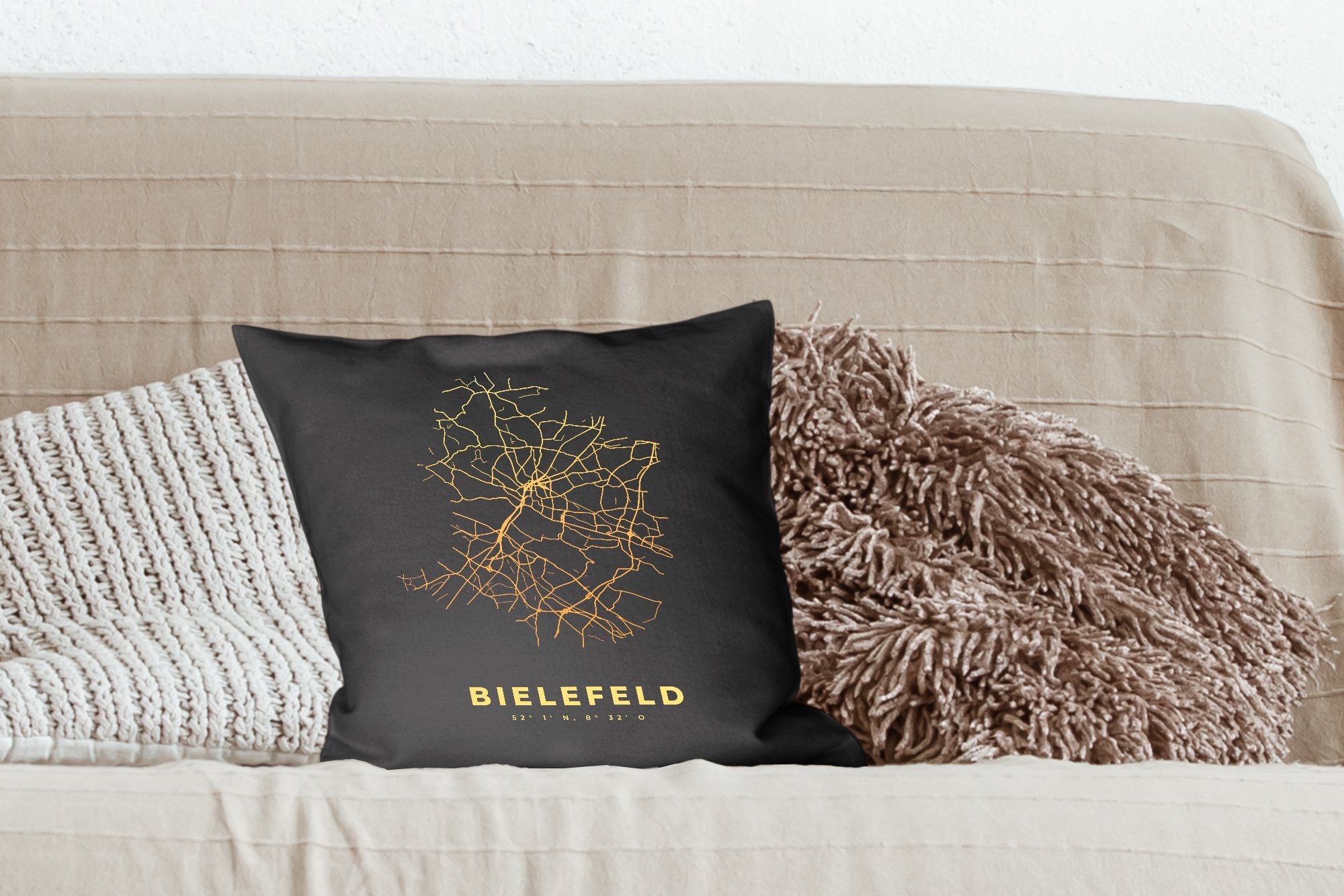 MuchoWow Dekokissen Bielefeld - Gold Schlafzimmer, mit Füllung Zierkissen - Stadtplan, Sofakissen für - Karte Wohzimmer, Deko
