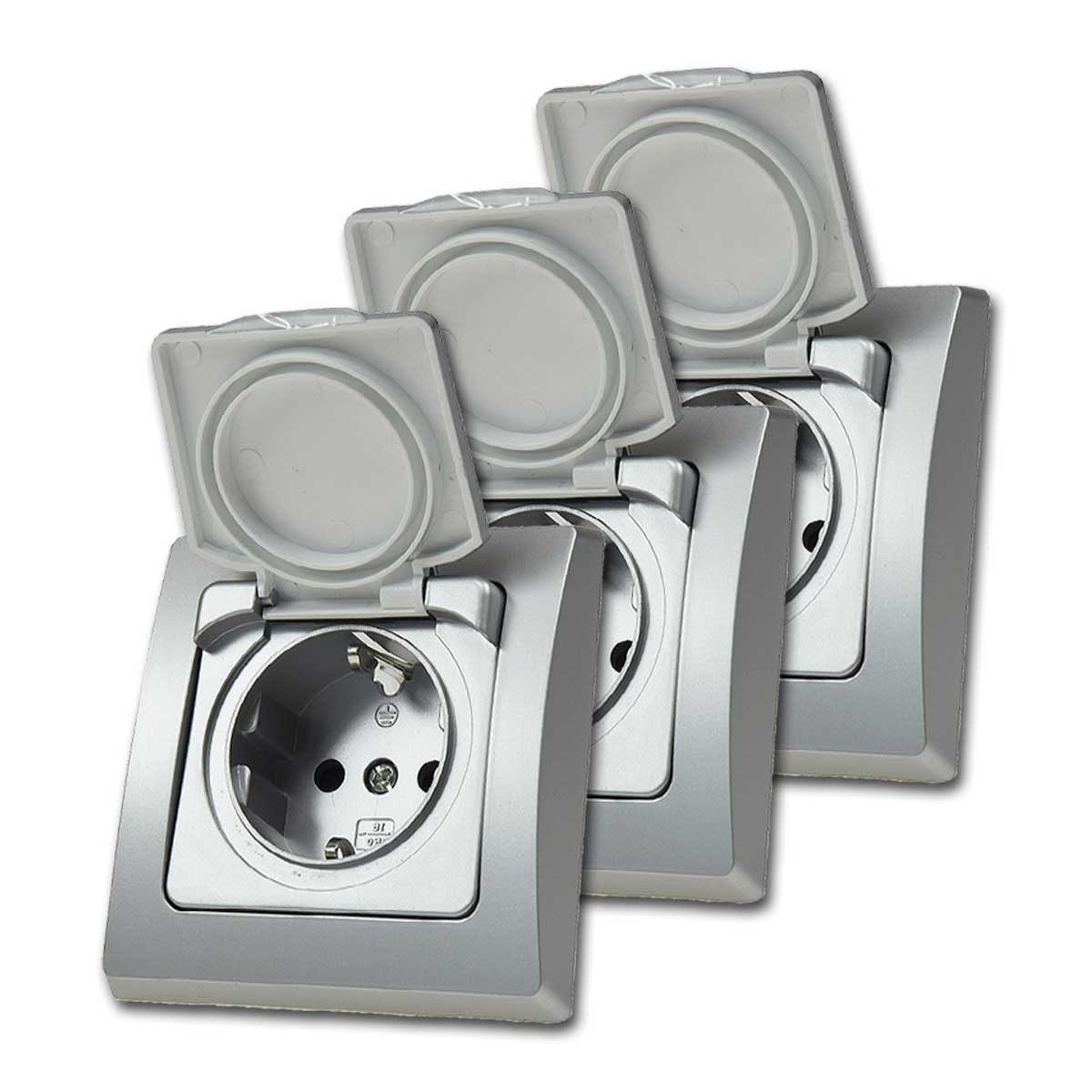 ChiliTec Unterputz-Steckdose 3x DELPHI Steckdose IP44 Deckel 250V/16A UP silber