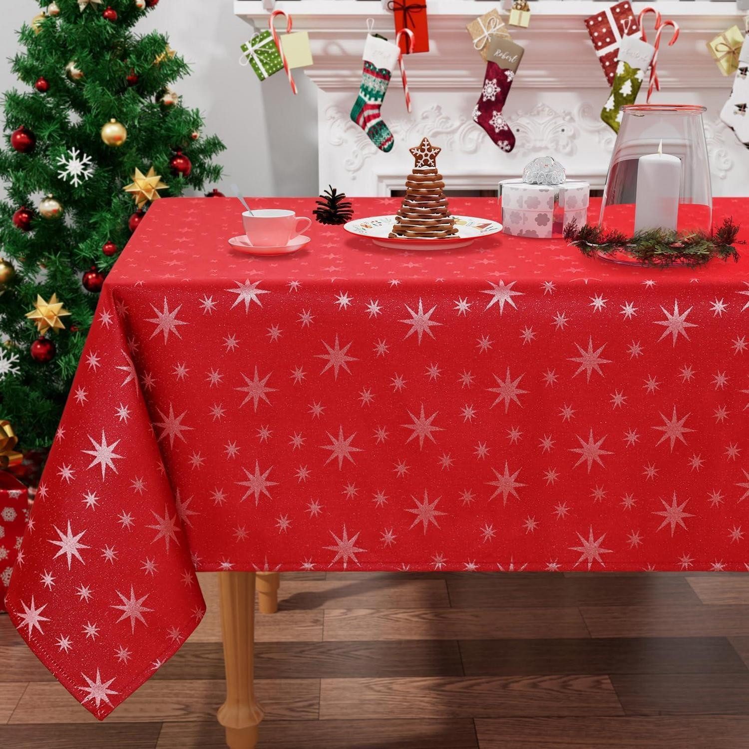 LuxusKollektion Tischdecke Tischdecke Weihnachten 140x200cm Rot Sternenmuster (1-tlg)