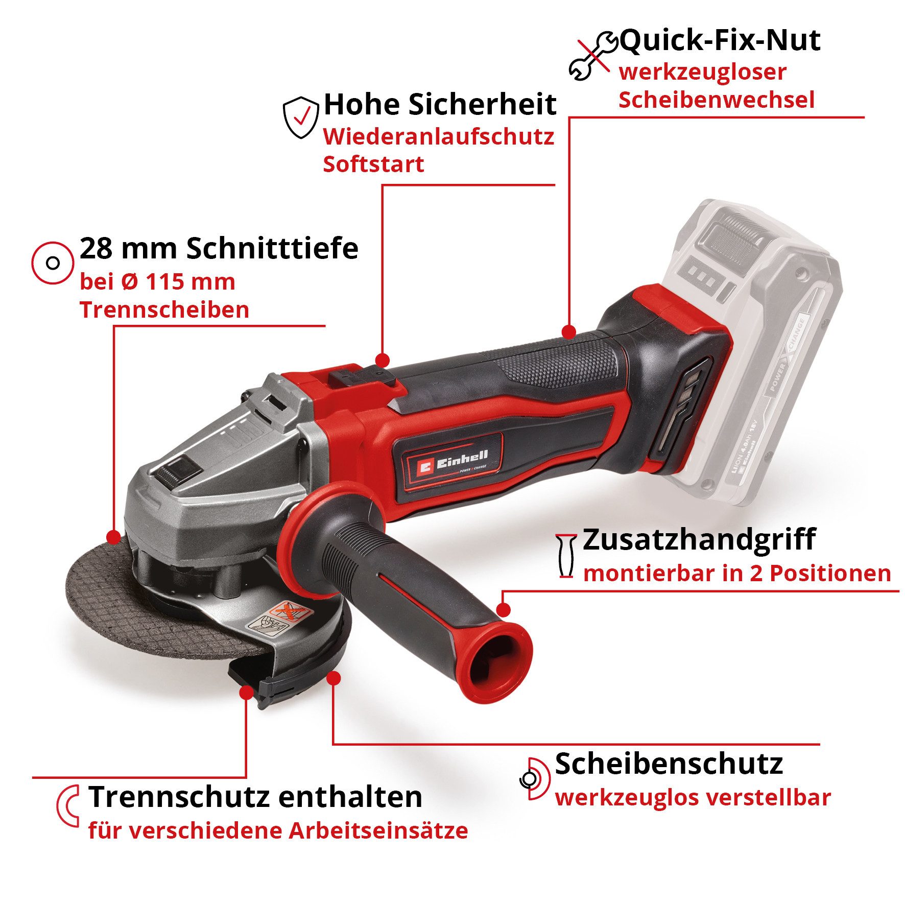 Einhell Akku-Winkelschleifer Power X-Change TE-AG 18/115 Q Li Solo, max. 8500 U/min, ohne Akku und ohne Ladegerät