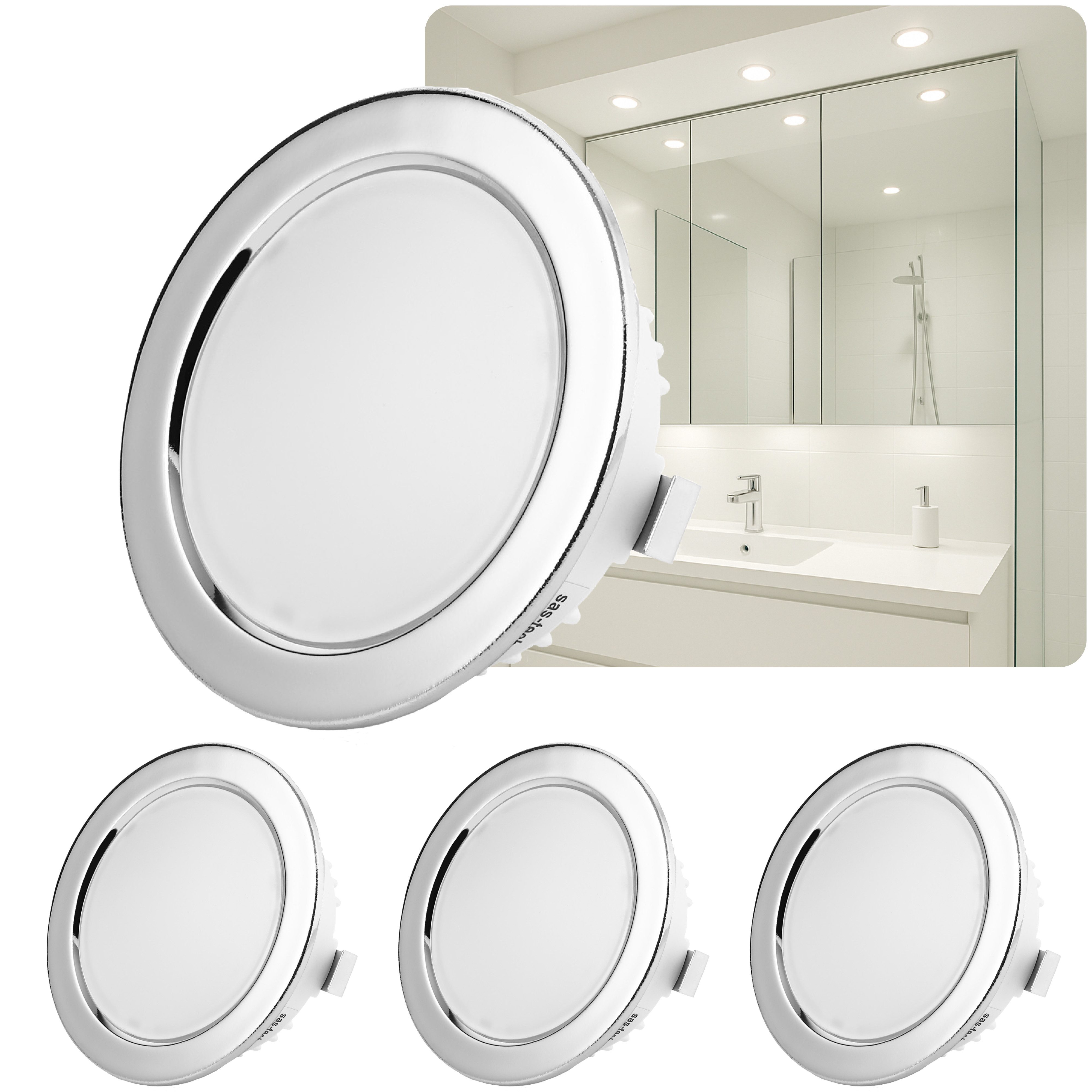 Sweet LED LED Einbaustrahler 4er Set Möbel Einbauspots flach & rund 3,5W Chrom IP44 für Bad 230V, LED fest integriert, kaltweiß, 6500K, Möbel Einbaustrahler, Deckenstrahler, Einbauleuchten