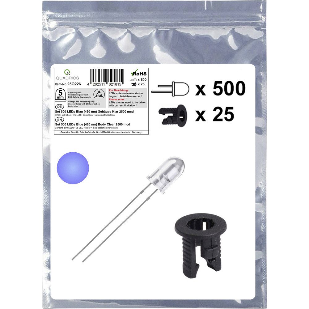 Quadrios LED-Leuchtmittel Quadrios 25O226 LED-Sortiment Blau Rund 5 mm 2500 mcd 20 mA 3.0 V