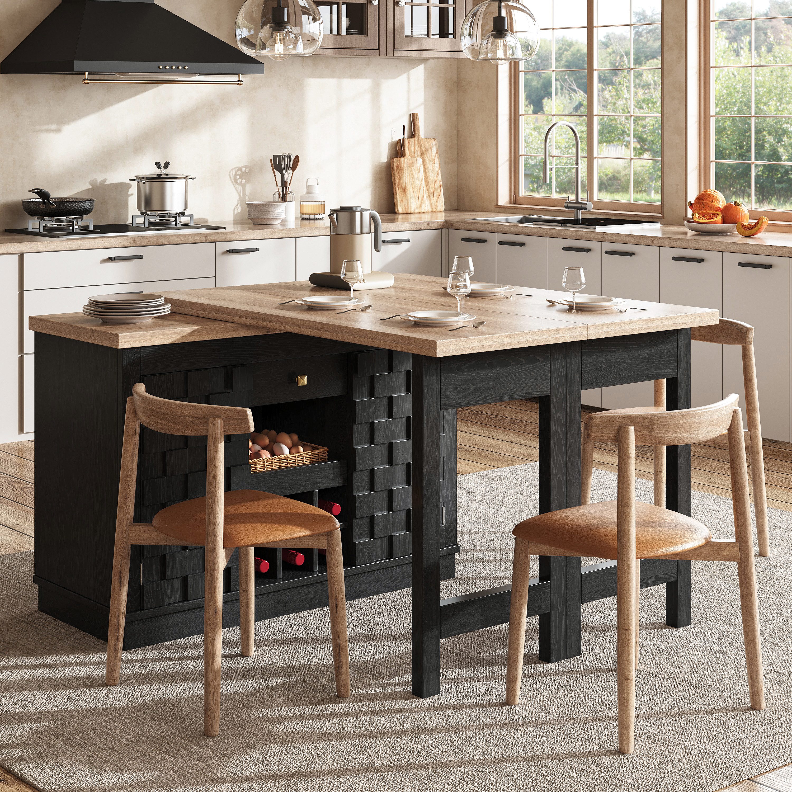 Flieks Kücheninsel Küchenschrank mit 360° drehbarer und klappbarer Arbeitstisch, (mit Patchwork-Türen, Weinregal & verstellbarer Ablagen, Längenverstellbar 120-197cm), ausziehbarer Esstisch&Mehrzweckschrank Mosaikstil Eichenfarbe&Schwarz