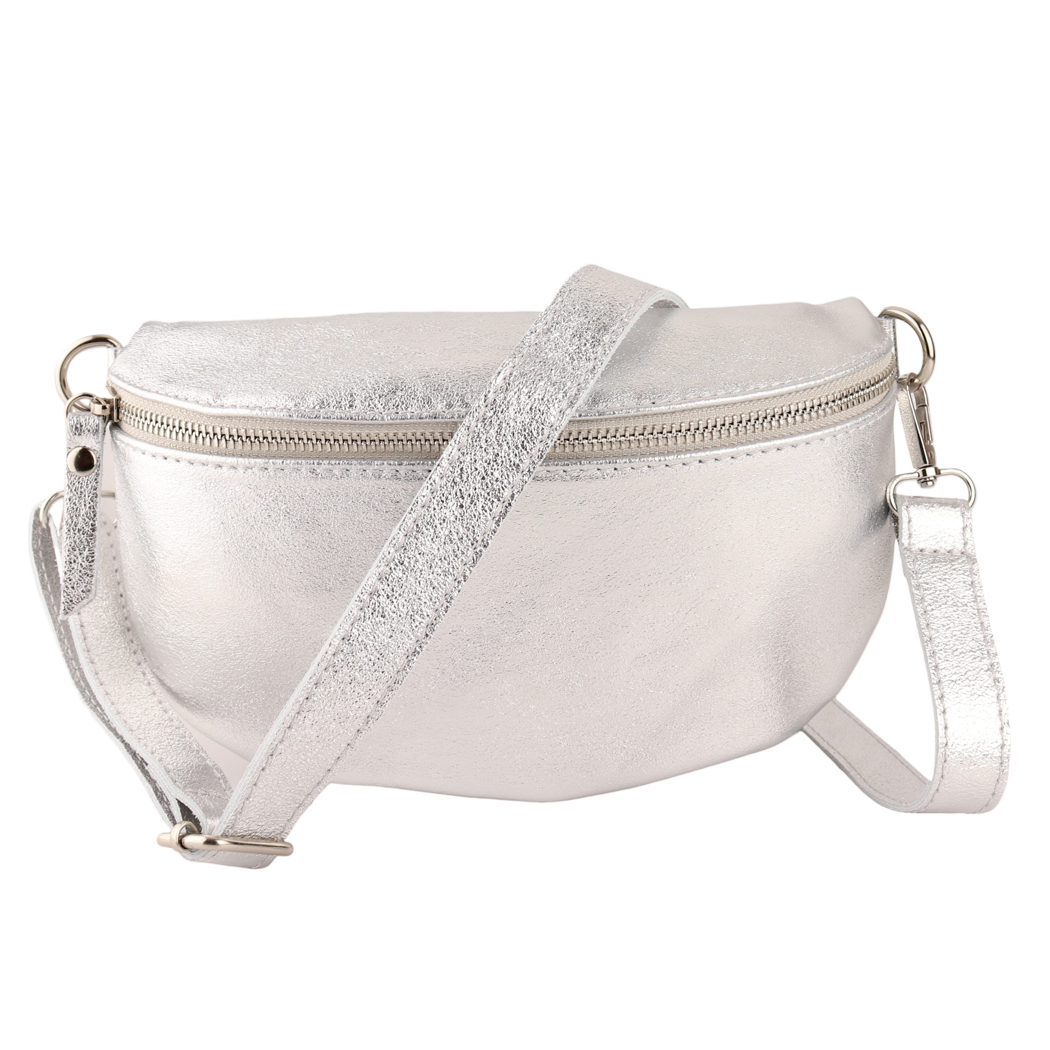 MIRROSI Bauchtasche Damen, Echtleder, Leder, Made in Italy, Umhängetasche, Brusttasche, (Schultertasche für jeden Anlass (1 Tasche & 1 / 2 Gurte), METALIC Gold Silber Crossbody Bag, verstellbare Schulterriemen