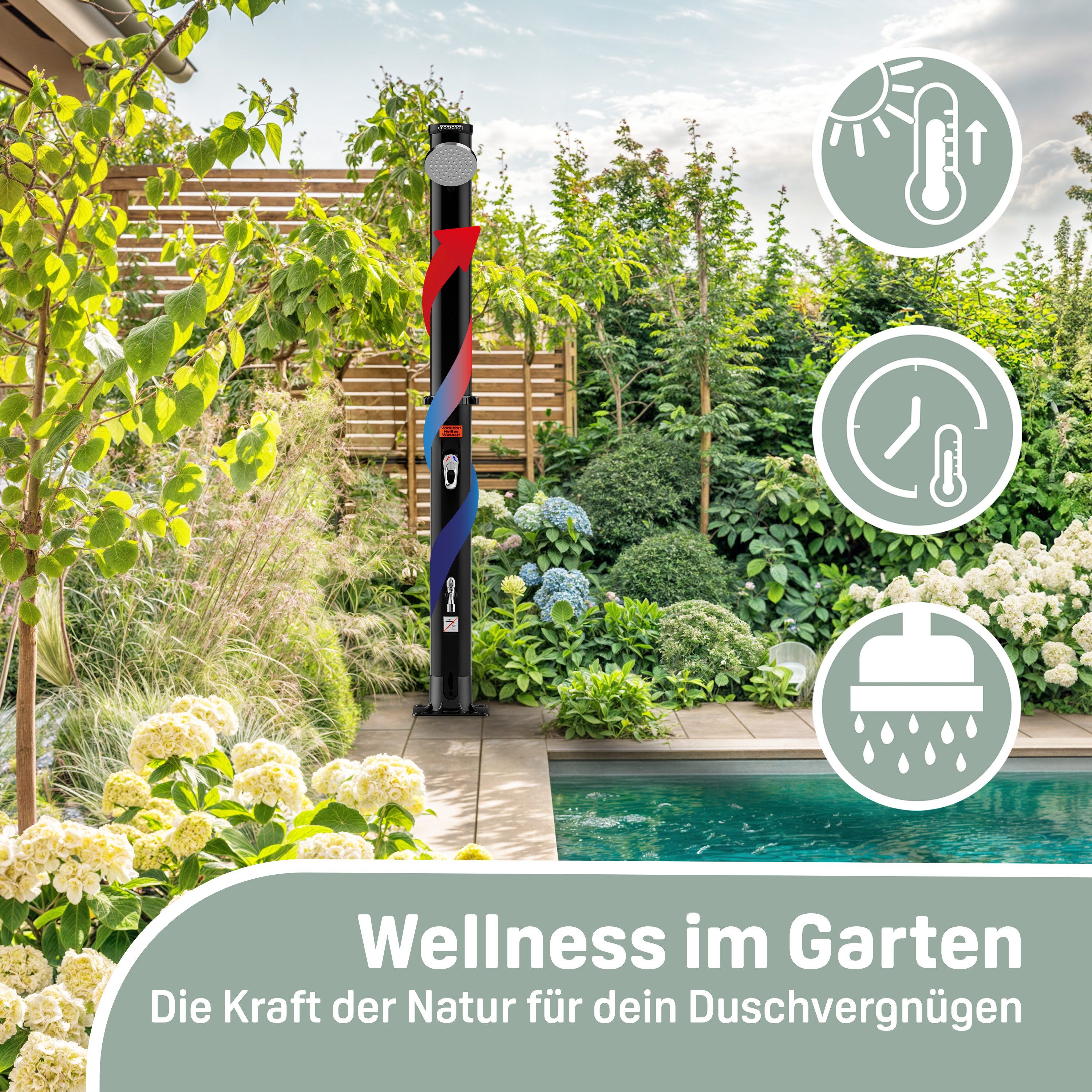 monzana Solardusche Solardusche, 20 Liter UV-beständig Kunststoff Regendusche Pooldusche Dusche