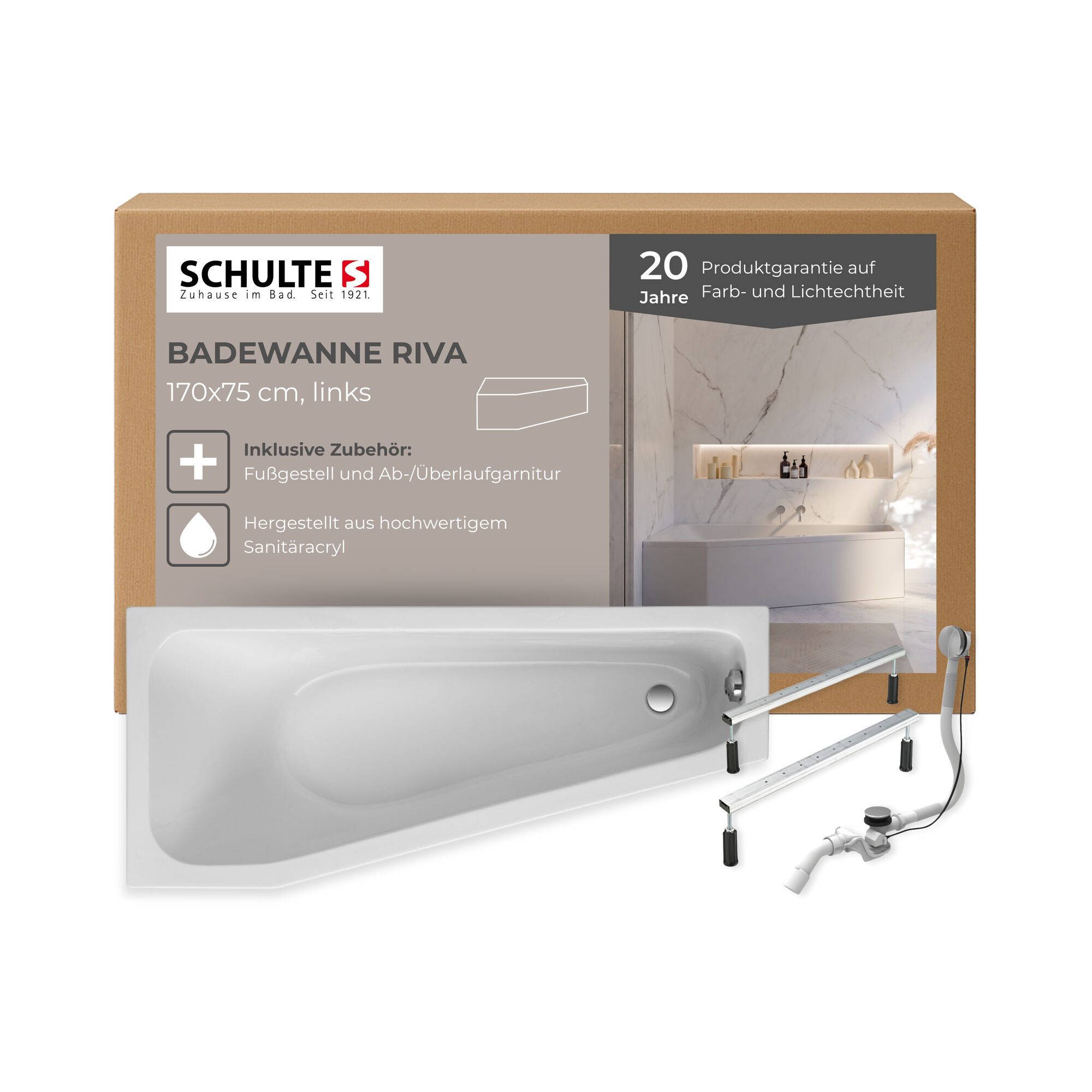 Schulte Badewanne Riva, asymmetrische Form, Sanitäracryl, Weiß, (Komplett-Set, inkl. Fußgestell und Ablauf), Version links, 170x75 cm