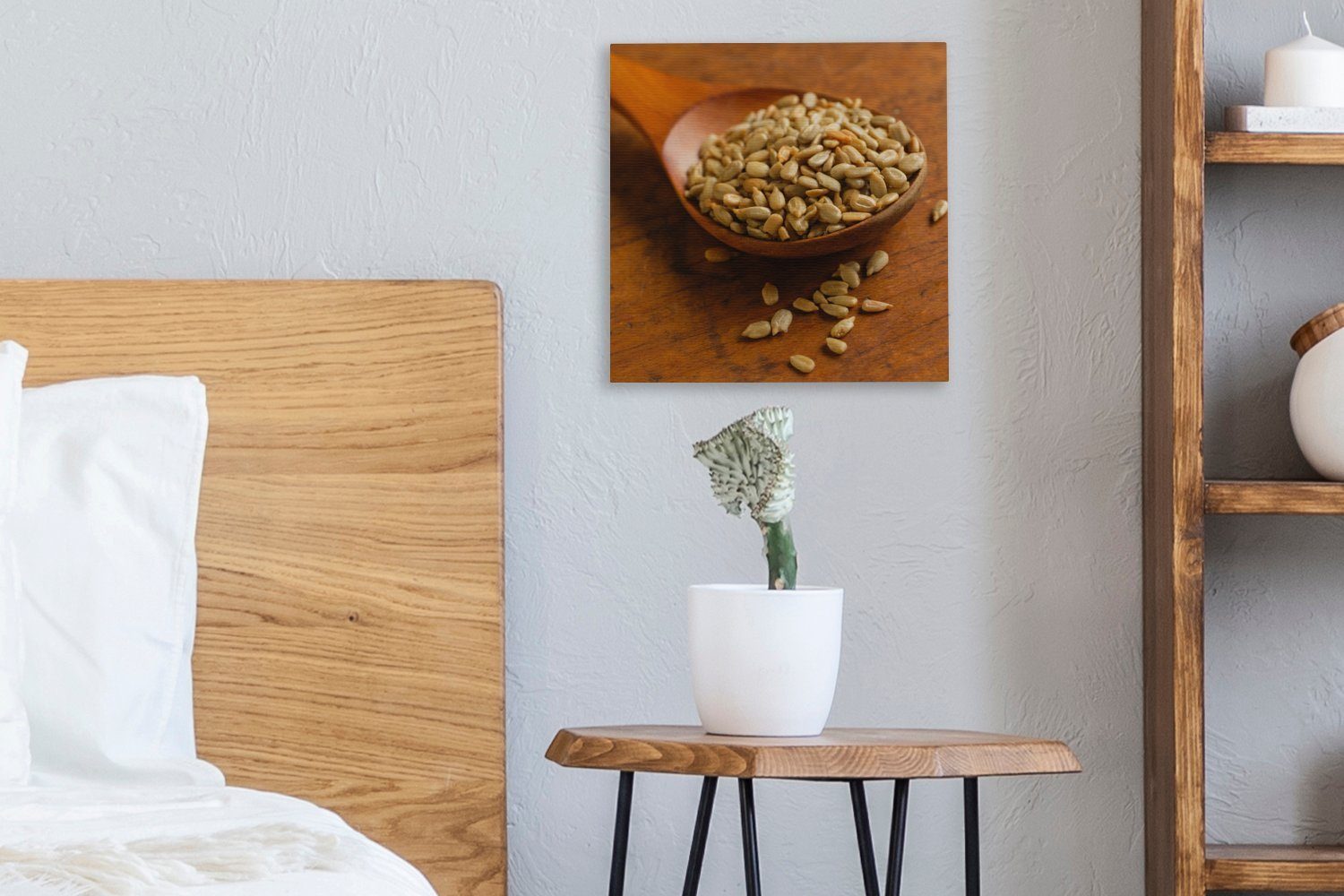 Holztisch, Bilder Leinwandbild Sonnenblumenkernen Schlafzimmer OneMillionCanvasses® für voll St), Wohnzimmer Leinwand auf (1 mit Holzlöffel einem