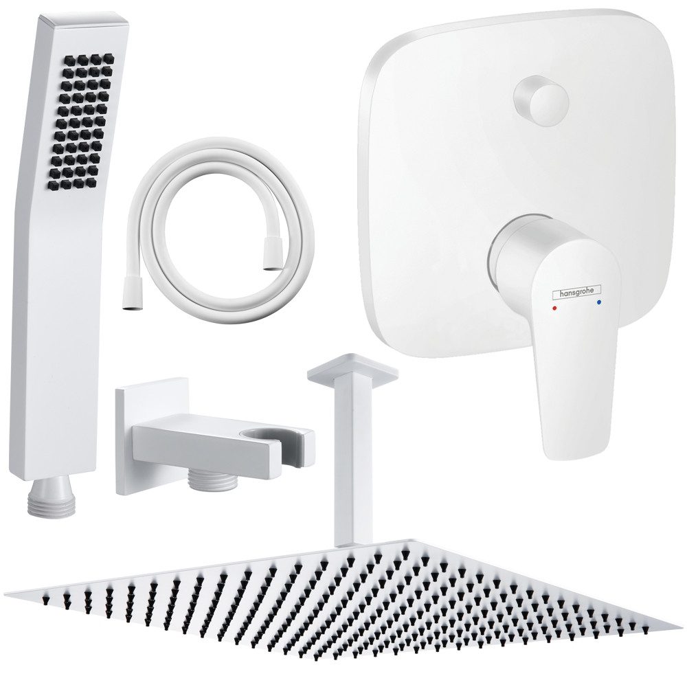Hansgrohe und Jowi Duscharmatur Talis E Unterputz Duschsystem Weiß Regendusche, Deckenanschluss (Unterputz-Duschsystem) Mattweiß, mit schwarzen Düsen