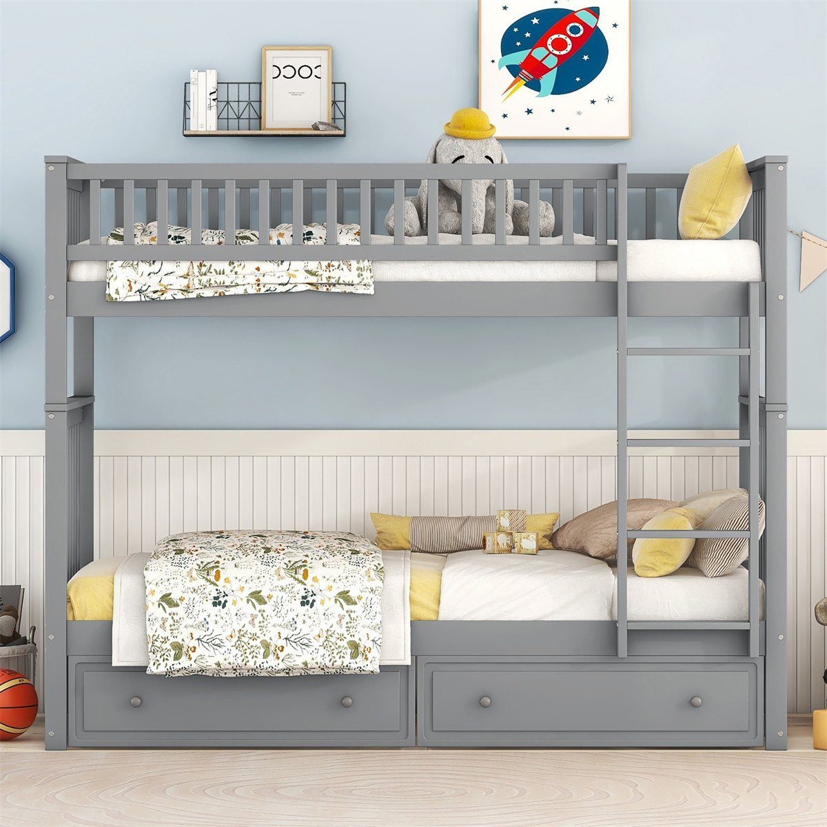 Etagenbett(90x200cm)Kinderbetten,Funktionelle mit Betten Doppel aus Schubladen(ETA:9.5)Rahmen Hochbett Cabrio-Betten,Etagenbett autolock Kiefer Grau