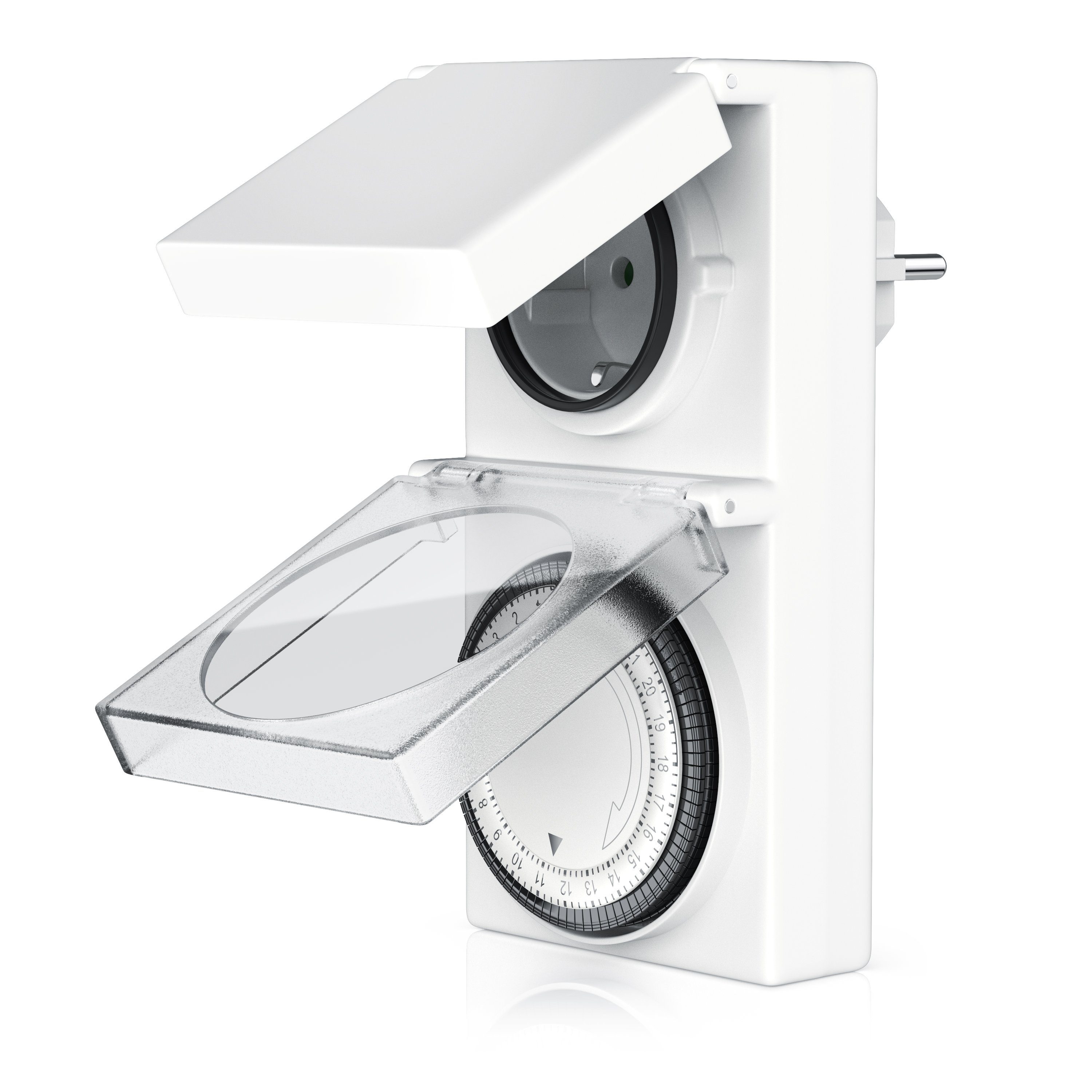 BEARWARE Zeitschaltuhr Mechanischer Outdoor Timer, 96 Segmente, für Innen & Außen, 3680W, mechanisch, 2-St., 15-Min-Intervalle, spritzwassergeschützt, dt. Anleitung