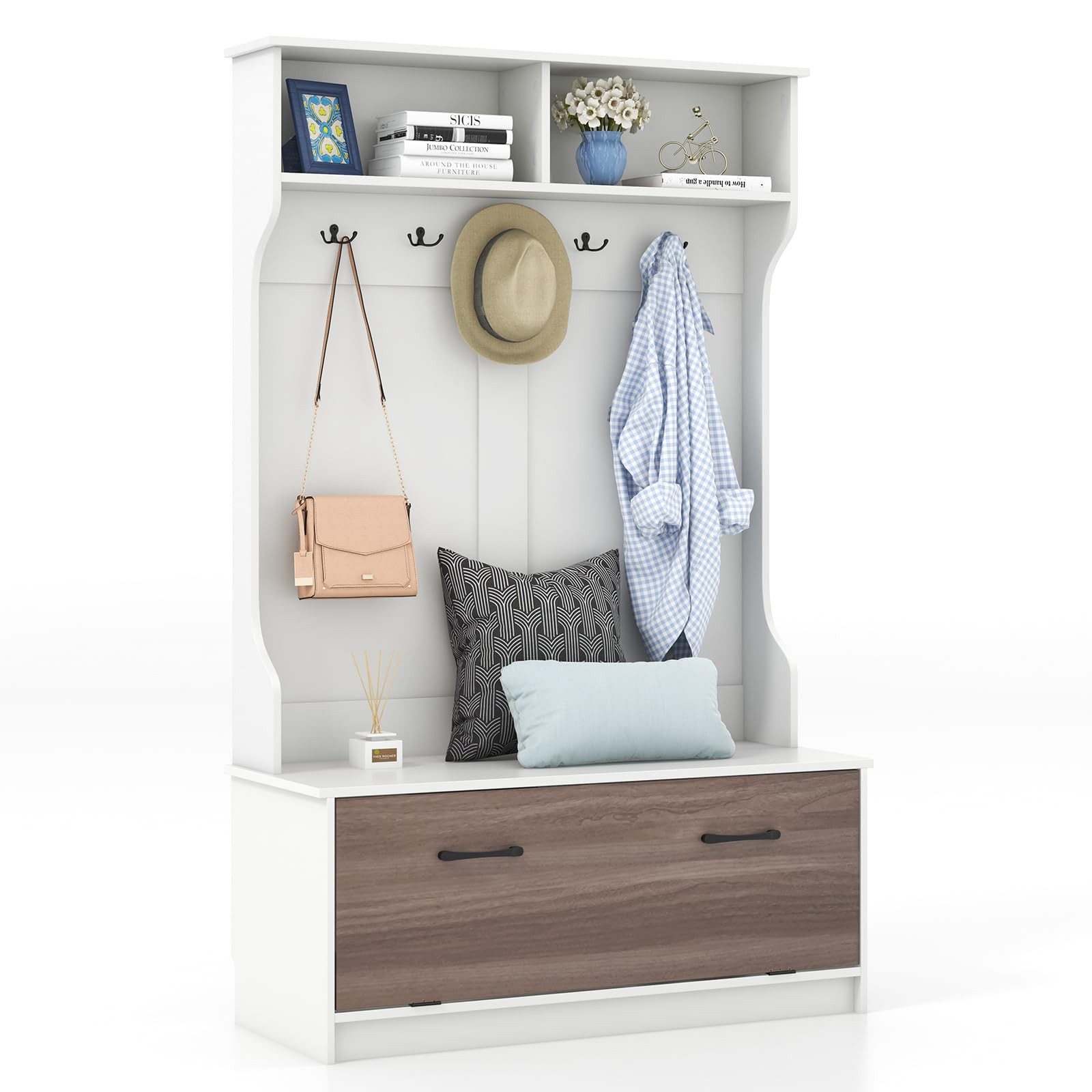 COSTWAY Garderobenständer, (1 St), mit Sitzbank, 5 Doppelhaken & Fächern, 1 günstig online kaufen