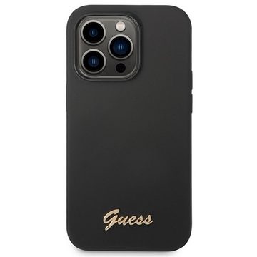 Guess Handyhülle Guess Apple iPhone 14 Pro Hard Case Silicone Vintage Gold Logo Schwarz