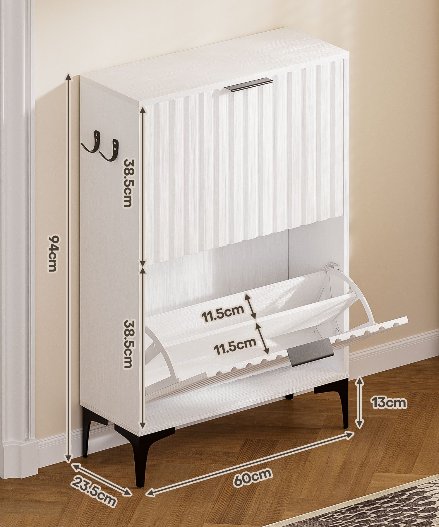 Yorbay Schuhschrank Schuhkipper mit 2 Klappen (60x23.5x94 cm) verstellbare Trennwände, mit Seitenhaken & Kippschutz