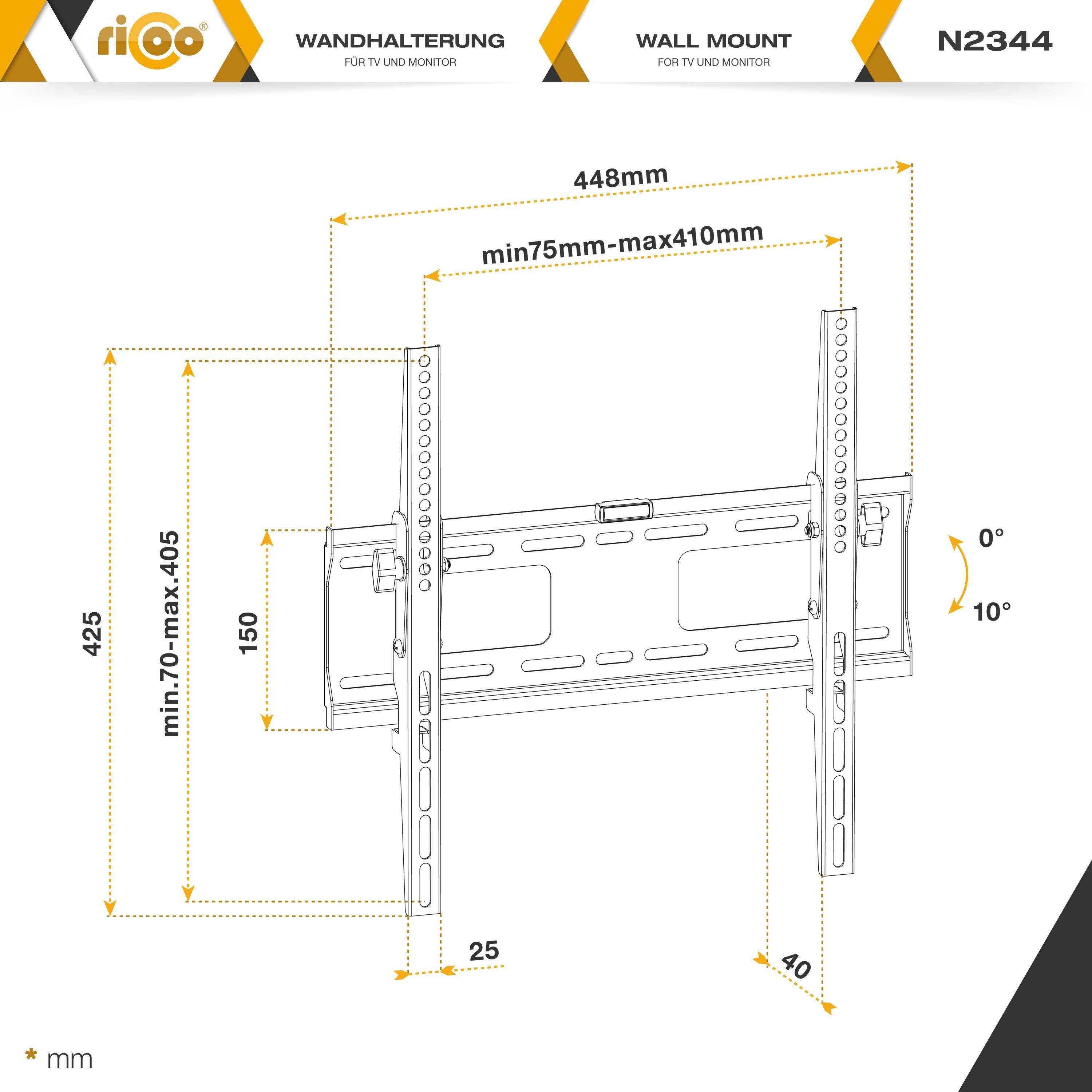 RICOO N2344 TV-Wandhalterung, (bis Halterung Fernseher Wand 400 curved flach 55 x neigbar 400) Zoll, universal VESA