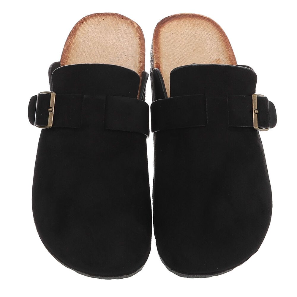 Ital-Design Damen Clog mit Schnalle in Veloursleder-Optik Pantolette (91895624) Flach Pantoletten in Schwarz – Bild 4 von 5