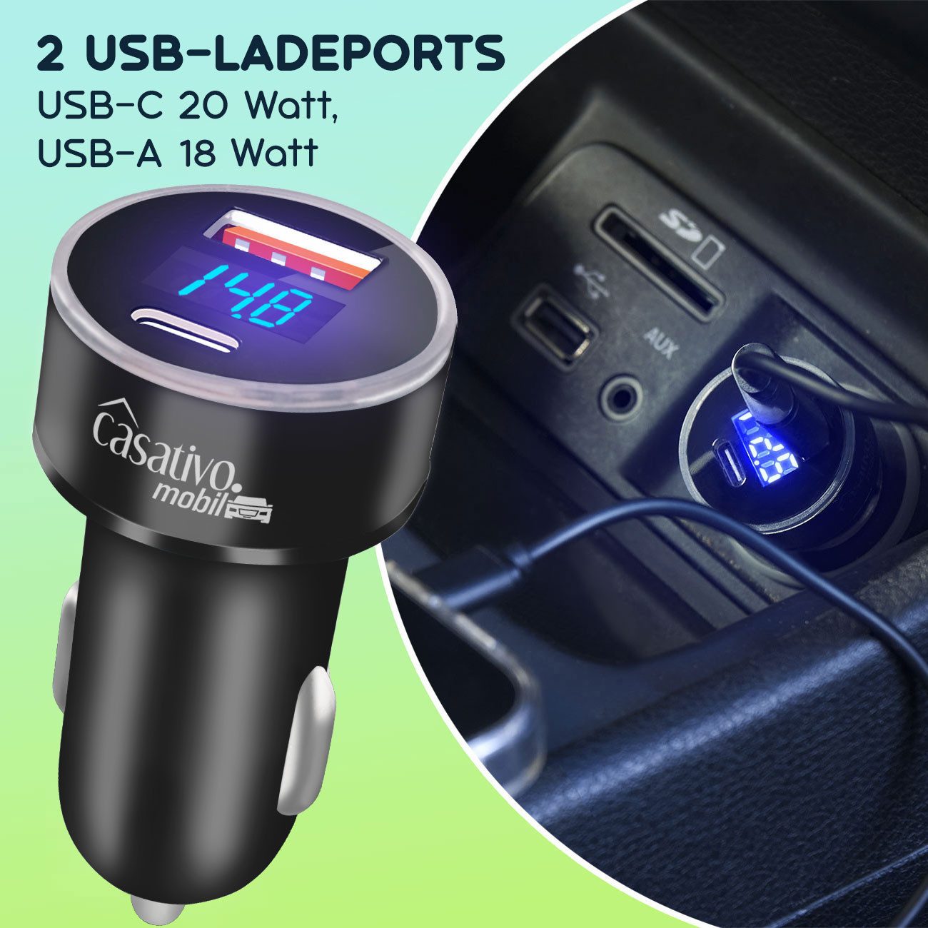 Casativo Dual Kfz USB Ladegerät 38W USB-C PD & USB-A QC Schnellladestecker KFZ-Adapter Zigarettenanzünder-Stecker (Kfz-Bordnetzstecker) zu USB-C (Type C), USB-A, LED-Spannungsanzeige/ Digital-Display/-Messbereich 7 - 36 Volt