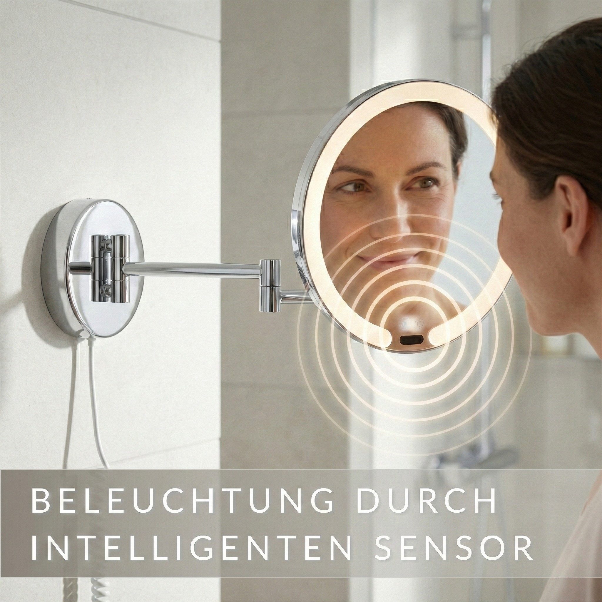 Libaro Kosmetikspiegel mit Sensor + Dimmer LED 7-fach Vergößerung VITTORA Schminkspiegel, Vergrößerungsspiegel 7x Bewegungssensor Wandmontage weißes Kabel Licht – Bild 2 von 5