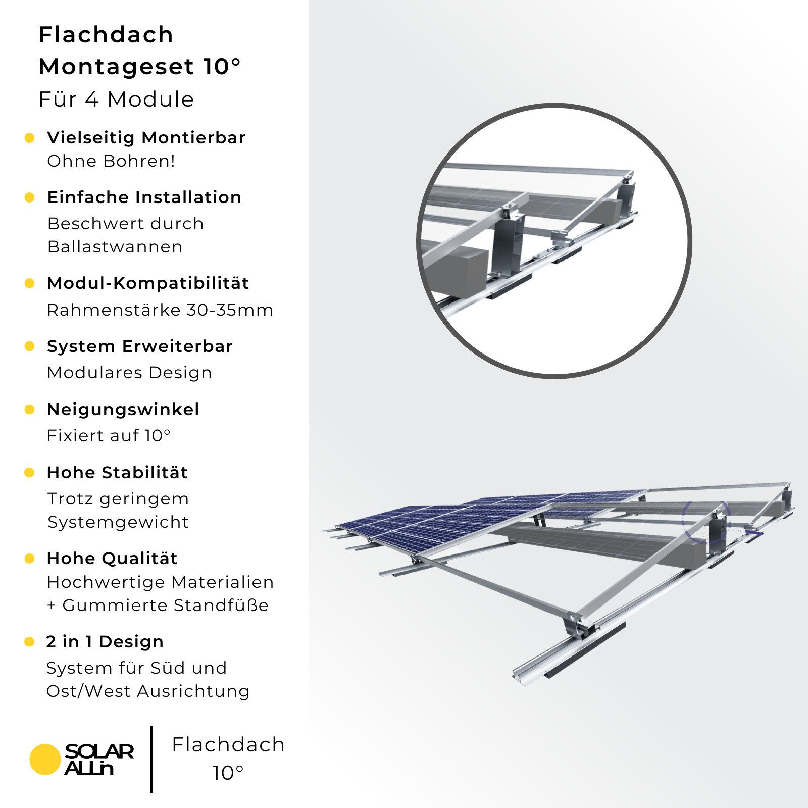 smartEC Solarmodul-Halterung Montagesystem für Flachdach 4 Solarmodule Neigung 10°, (Einfache Montage Aluminium rutschfest modular erweiterbar effektiv) – Bild 3 von 5