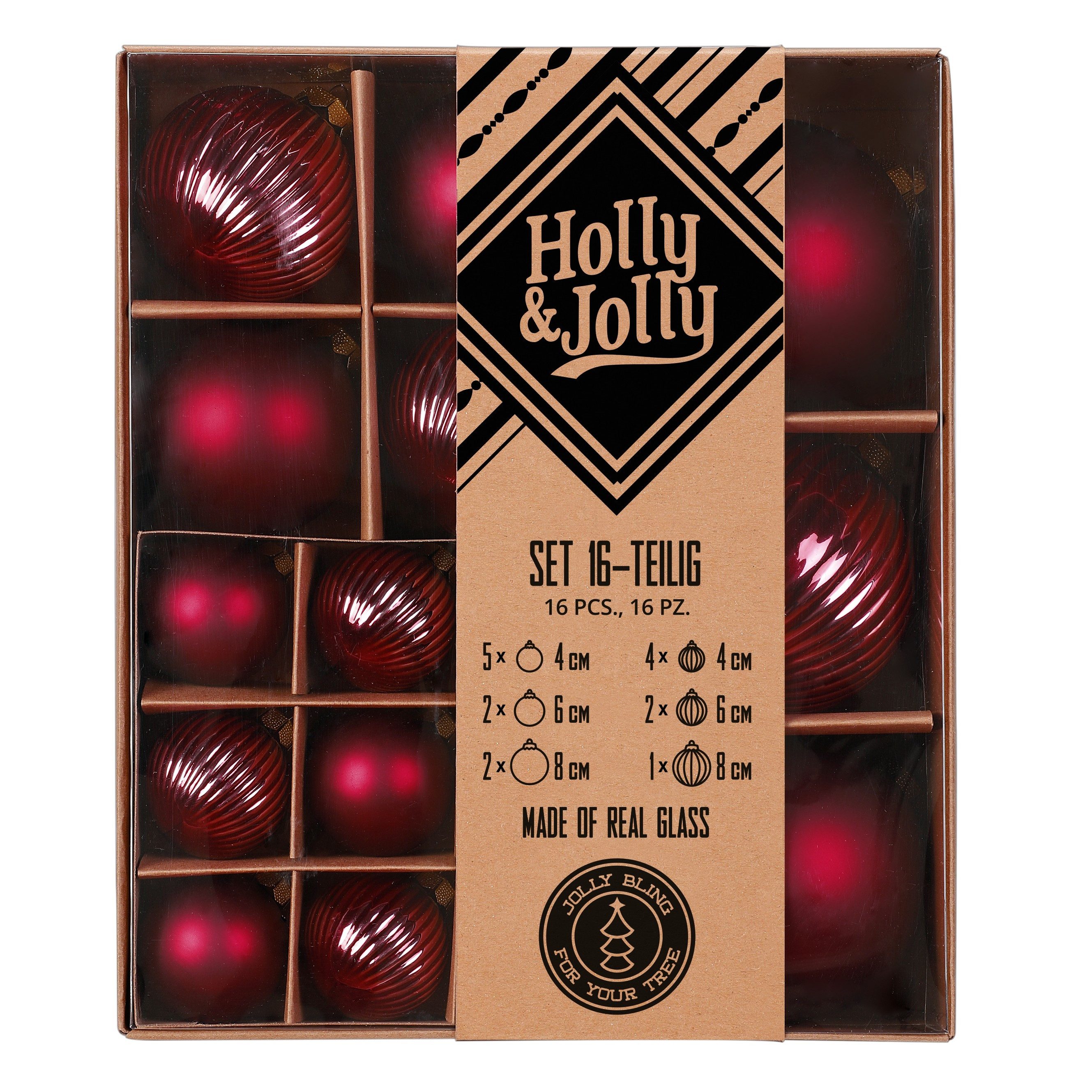 Holly & Jolly Weihnachtsbaumkugel, Weihnachtskugeln Glas 4-8cm Mix gerillt 16er Set - Vintage Rot