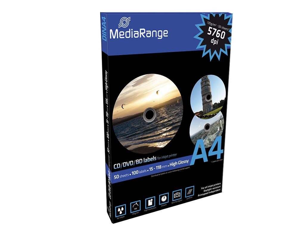 Mediarange Etiketten 500 (5x 100) MediaRange CD DVD BD-R Etiketten 250 Bl. 118 x 15 glossy