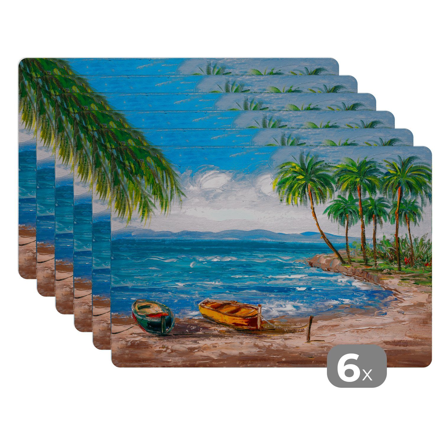Platzset, Gemälde - Öl auf Leinwand - Strand - Palme - Boot, MuchoWow, (6-St), Platzset, Platzdecken, Platzmatte, Tischmatten, Schmutzabweisend