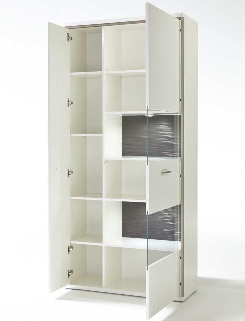expendio Wohnzimmer-Set Travis Kunstleder montiert 140, 8-St), (Spar-Set, Hochglanz LED schwarz Stuhl Softclose weiß 4x + 