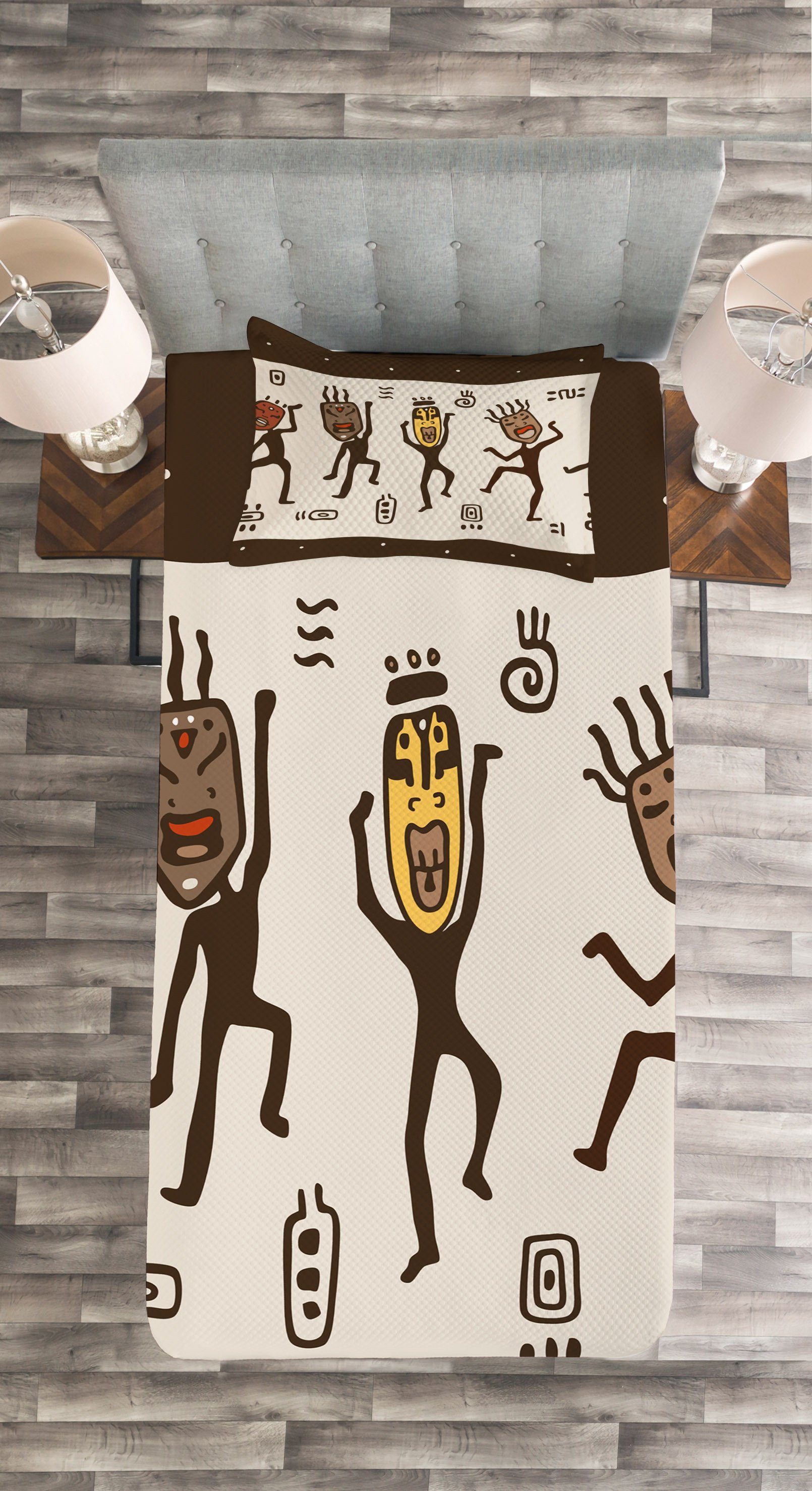 Ureinwohner Kissenbezügen mit Set Waschbar, Tagesdecke Abakuhaus, Primitive Cartoon Stamm
