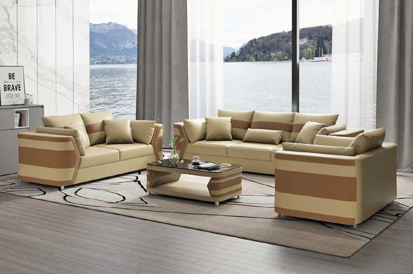JVmoebel Wohnzimmer-Set Sofagarnitur Couchgarnitur Ledersofa Sofa Komplette 3tlg Sofas Set, (3-St., Nur Sofa 2+3 Sitzer + Sessel), Made in Europe Beige