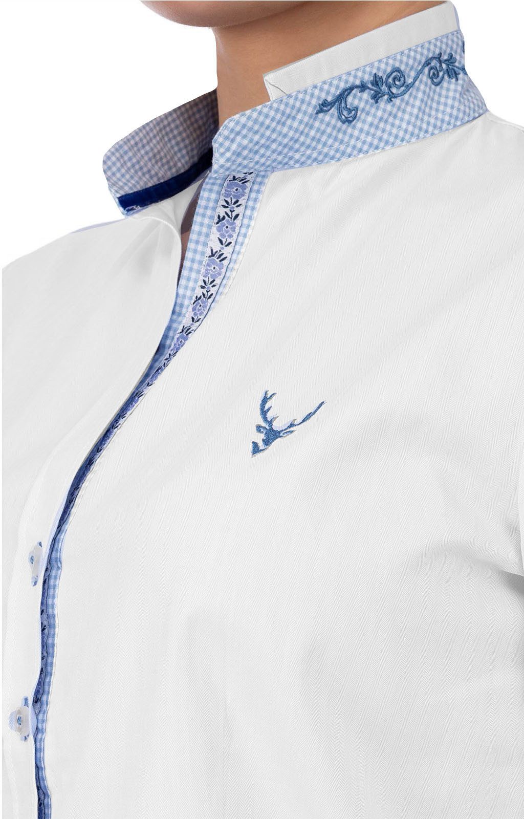 Moschen-Bayern Trachtenbluse Trachtenbluse Damen Bluse Damenbluse 3/4 Arm Hirsch Weiß-Blau Klassische Bluse, Damenbluse, Trachtenbluse, Stickerei, Bluse, Jeansbluse