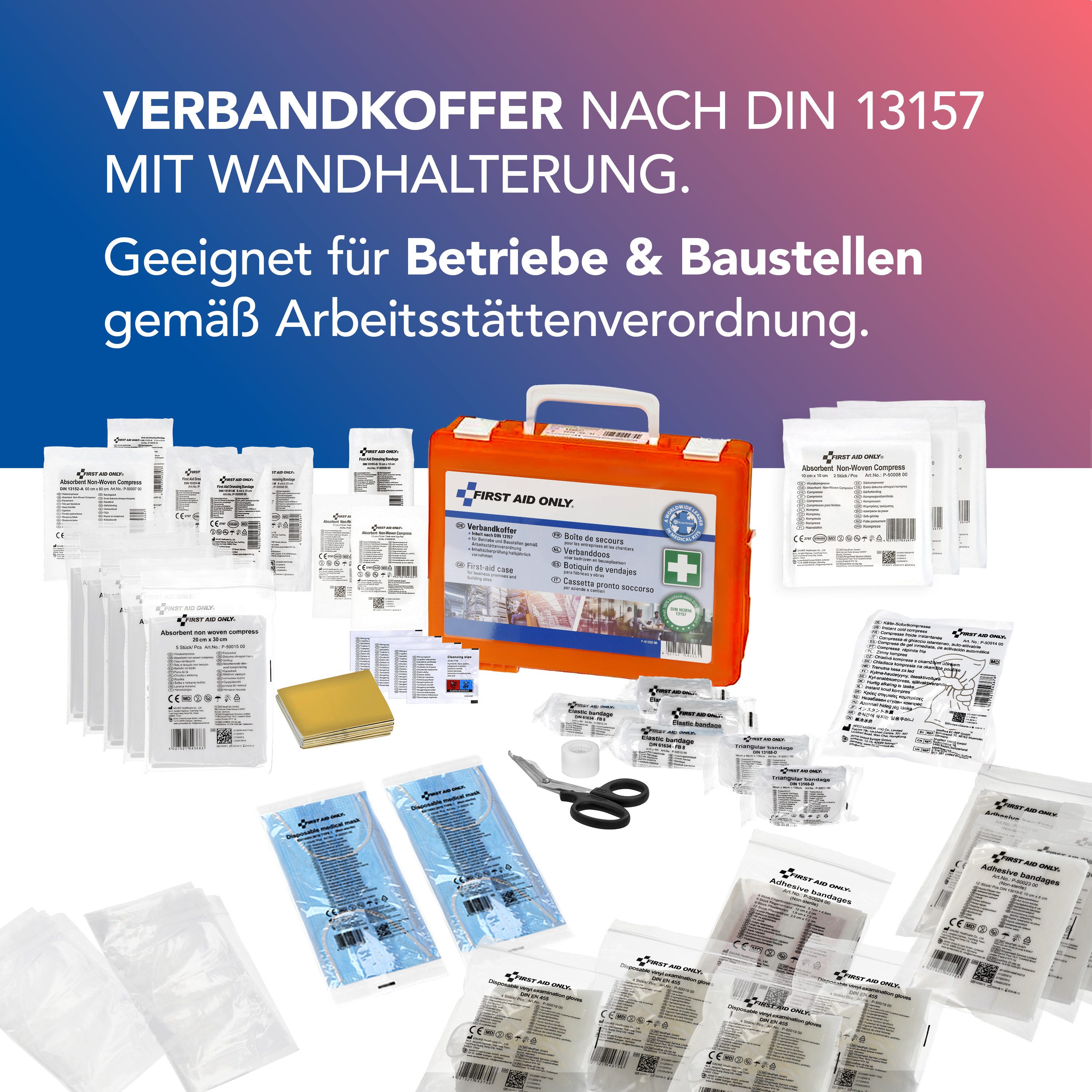 FIRST AID ONLY® Erste-Hilfe-Koffer Erste Hilfe Koffer DIN 13157 mit Wandhalterung, kompakt, Inkl. Tragegriff & Montagematerial