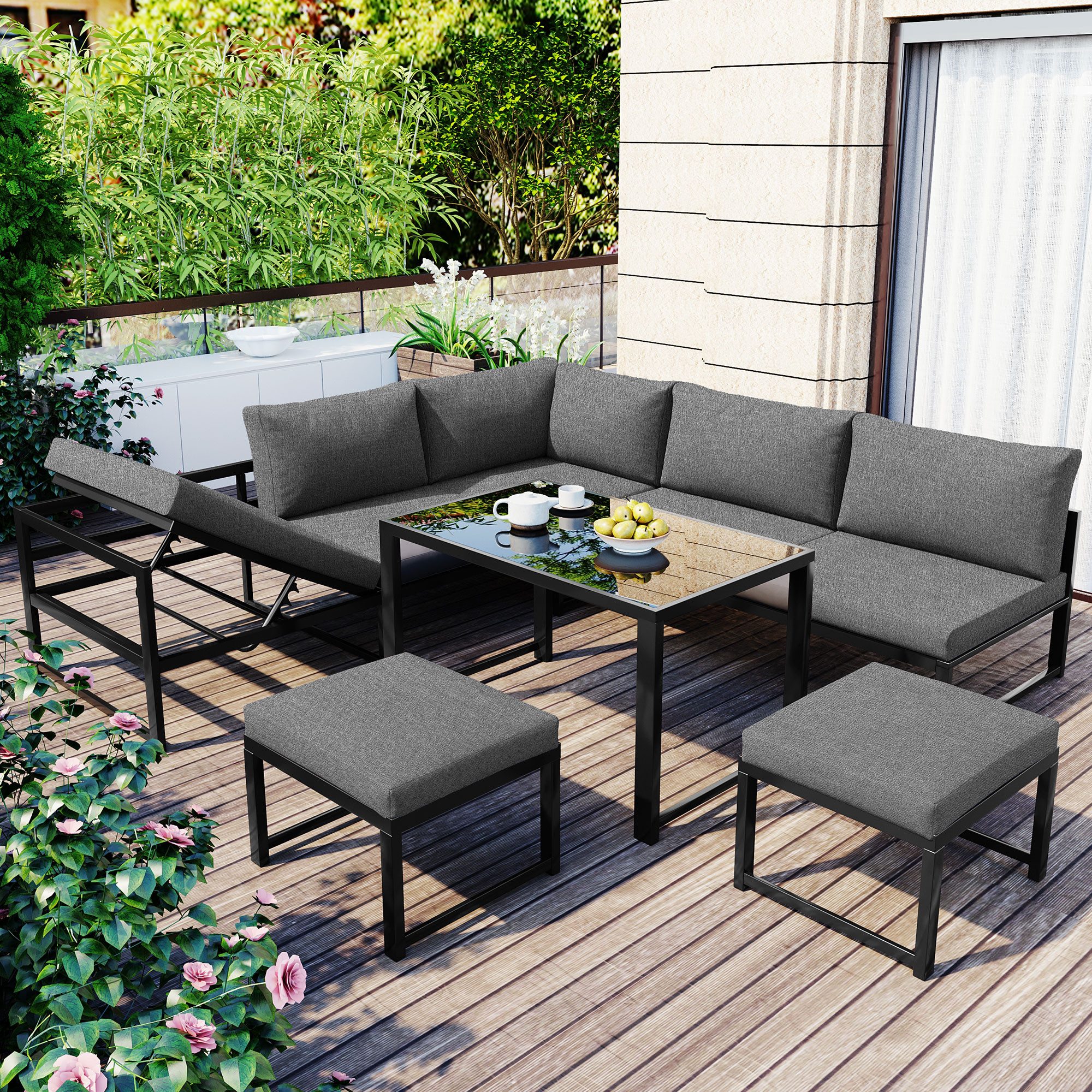 MODFU Gartenlounge-Set Gartenmöbel, (Balkonset Aluminium Lounge-Sofagarnitur Rasen Terrasse Balkon Strand), (Loungeset 1 Ecksofa + 2 Hocker + 1 Tisch mit Sitz- und Rückenkissen), Glastisch Indoor Outdoor 8 Personen wetterfest verstellbar Rückenlehne