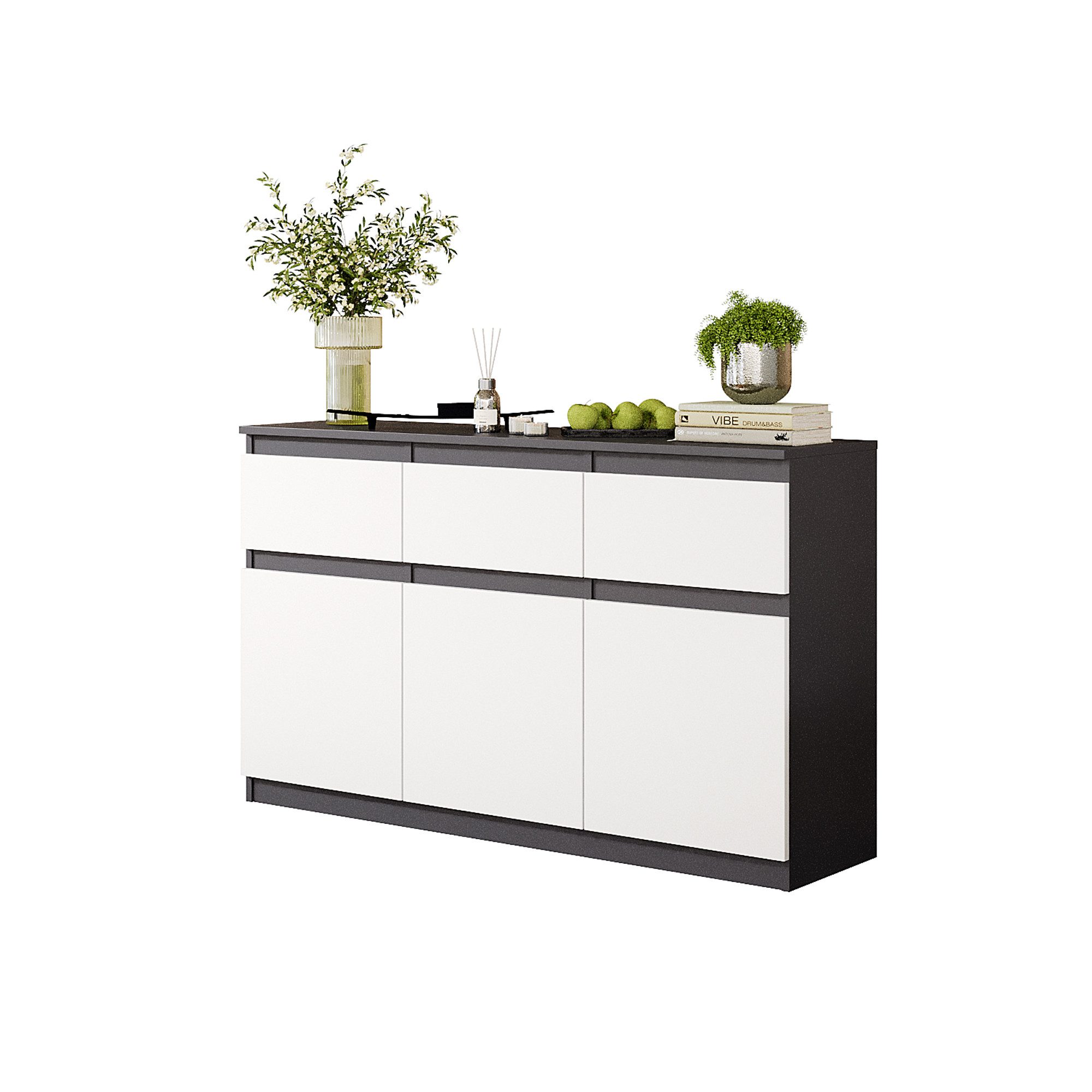 Furnica Kommode Anthrazit 120 cm mit 3 Schubladen und 3 Türen- Wohn-und Schalfzimmer