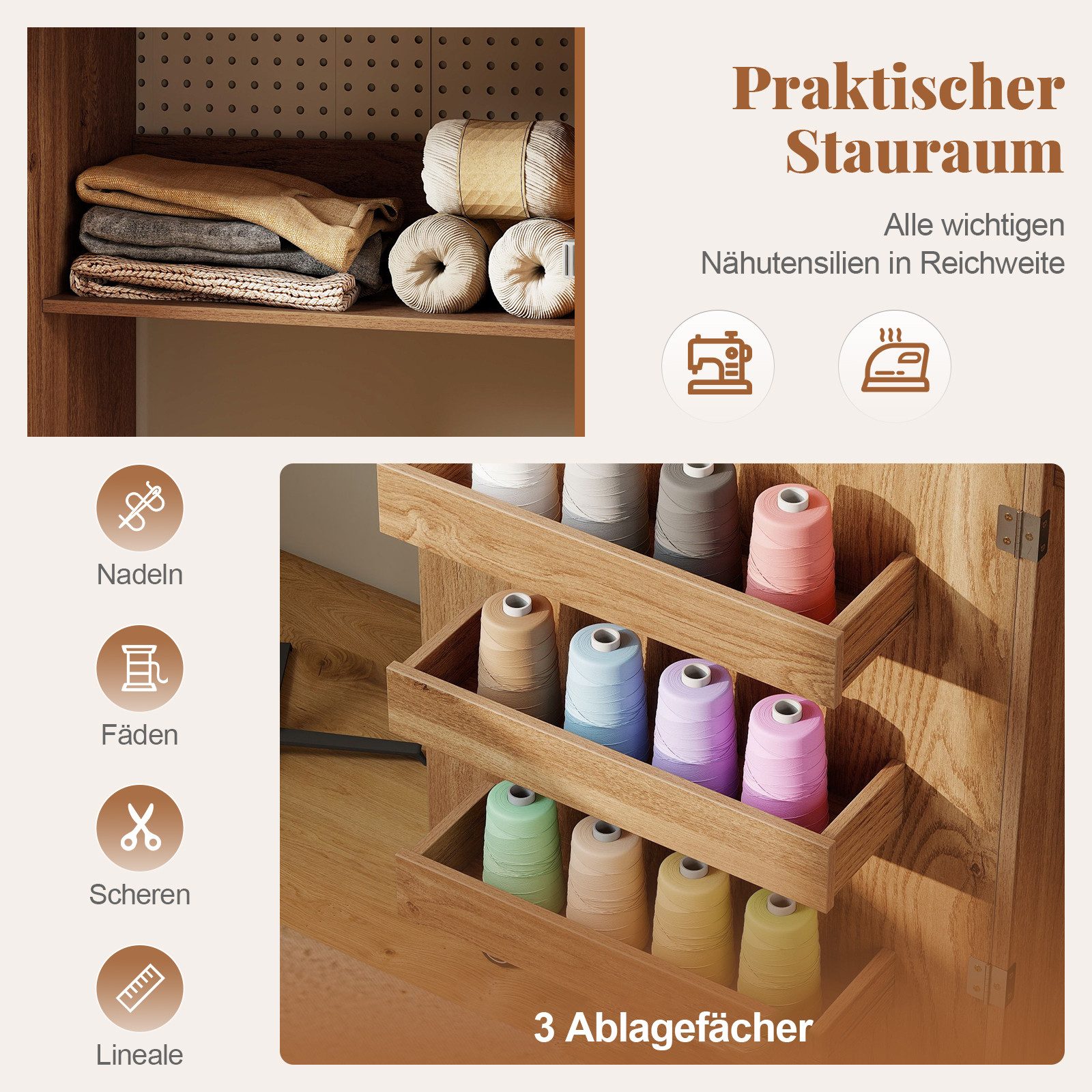 COSTWAY Schreibtisch 2 in 1 Nähtisch klappbar mit Ladestation, Rollen, Nähmaschinenschrank – Bild 4 von 5
