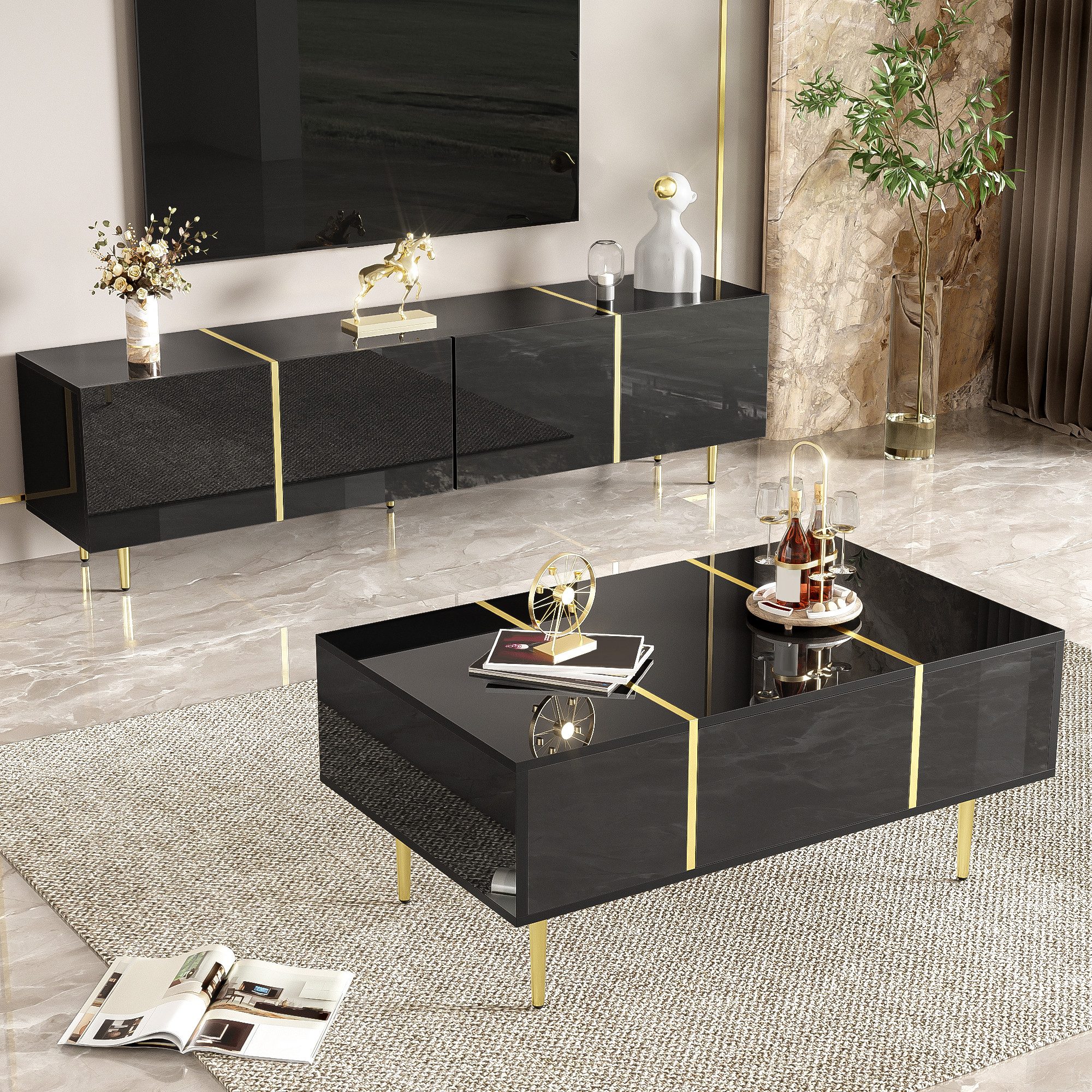 Fine Life Pro TV-Schrank Moderner Hochglanz-Schwarz TV-Schrank und Couchtisch Set