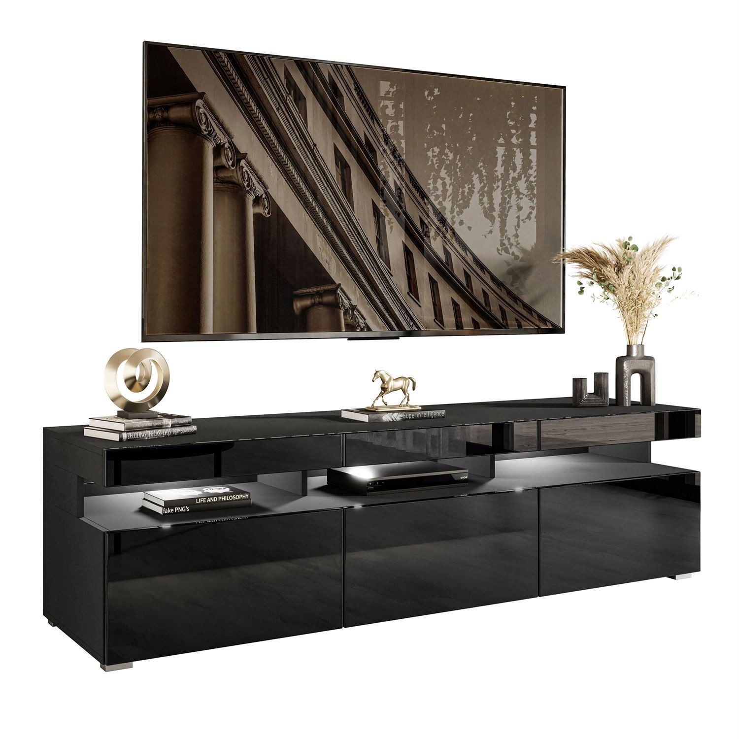 ALLHOUSE24 TV-Schrank MILANO 180 cm LED Beleuchtung Unterschrank Griffe oder Push to Open (1x TV Schrank) Breite 180 cm