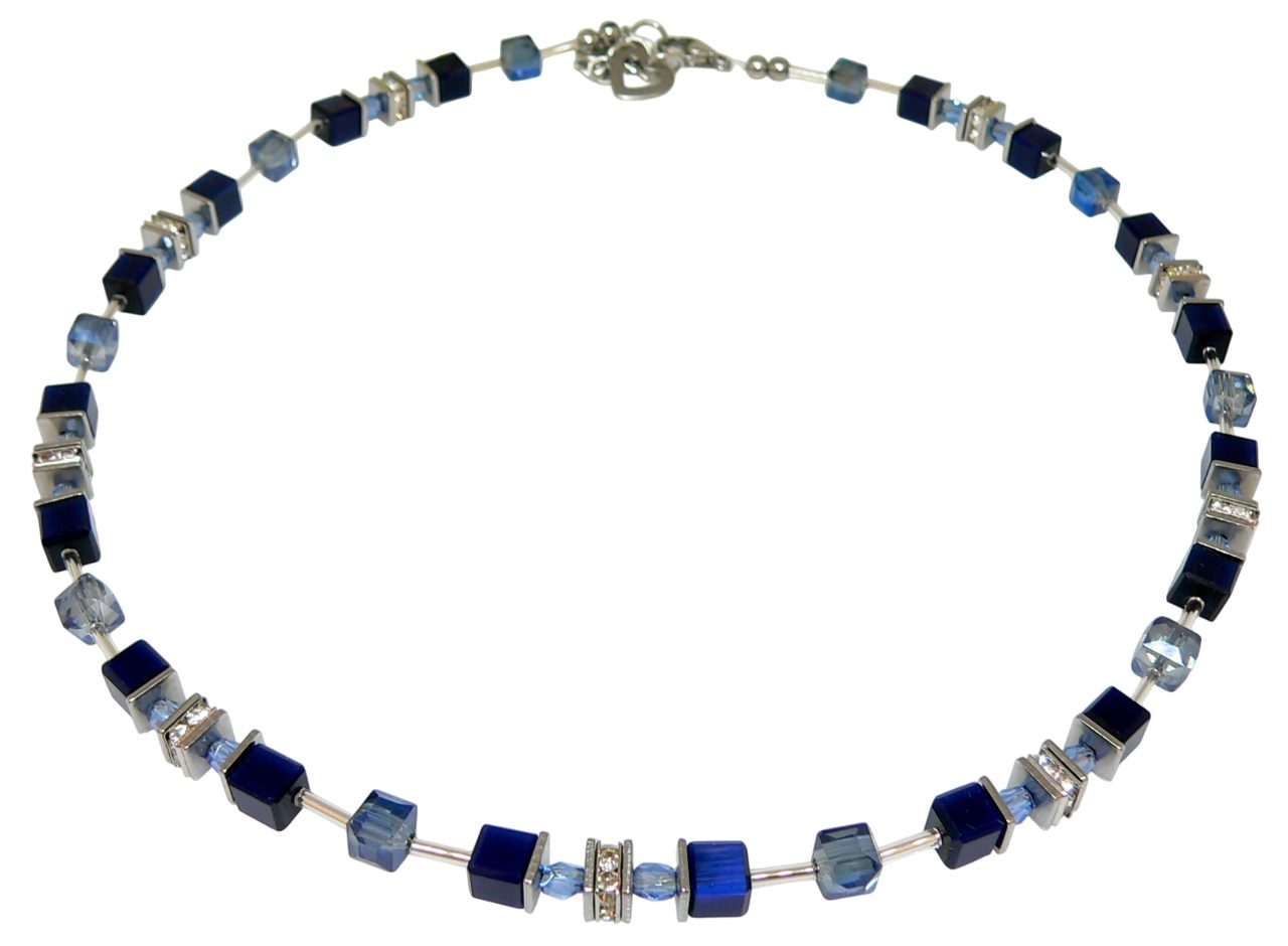 traumschmuck Collier 542. Halskette Würfel Cat Eye Kristallglas dunkelblau Strass (incl. Schmuckbox), handgefertigt, Made in Germany