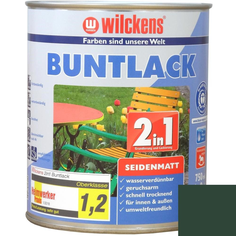 Wilckens Farben Acryl-Buntlack Buntlack 2in1 Lack, seidenmatt, Moosgrün (RAL 6005), 750 ml