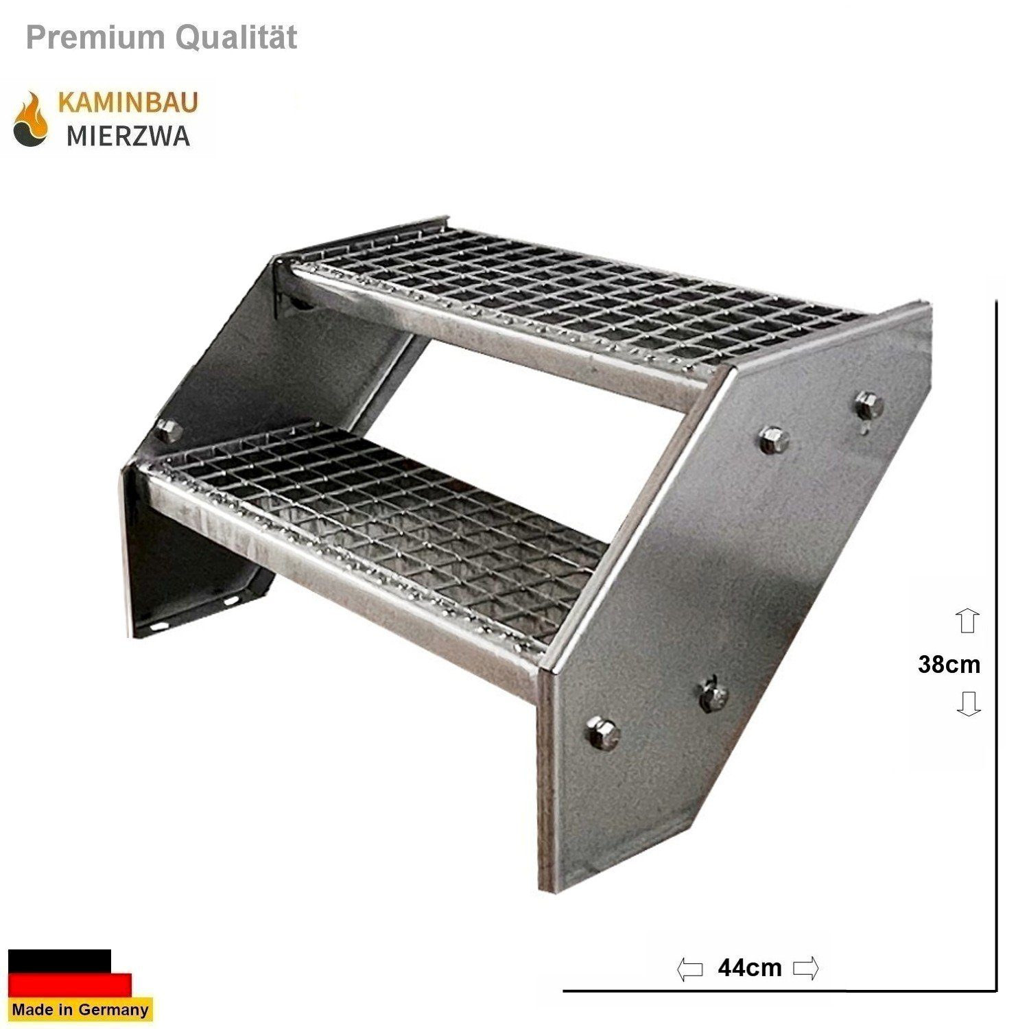 Kaminbau Mierzwa Außentreppe Premium Treppe Verzinkt mit und ohne Geländer, für Geschosshöhen bis 38.00 cm, Stufen Gitterroststufen nach DIN 24531, (Höhe 38 cm, Stufenbreite und Geländerart wählbar), Gartentreppe Stahltreppe Wetterfest Rostfrei Feuer-Verzinkt Rutschfest